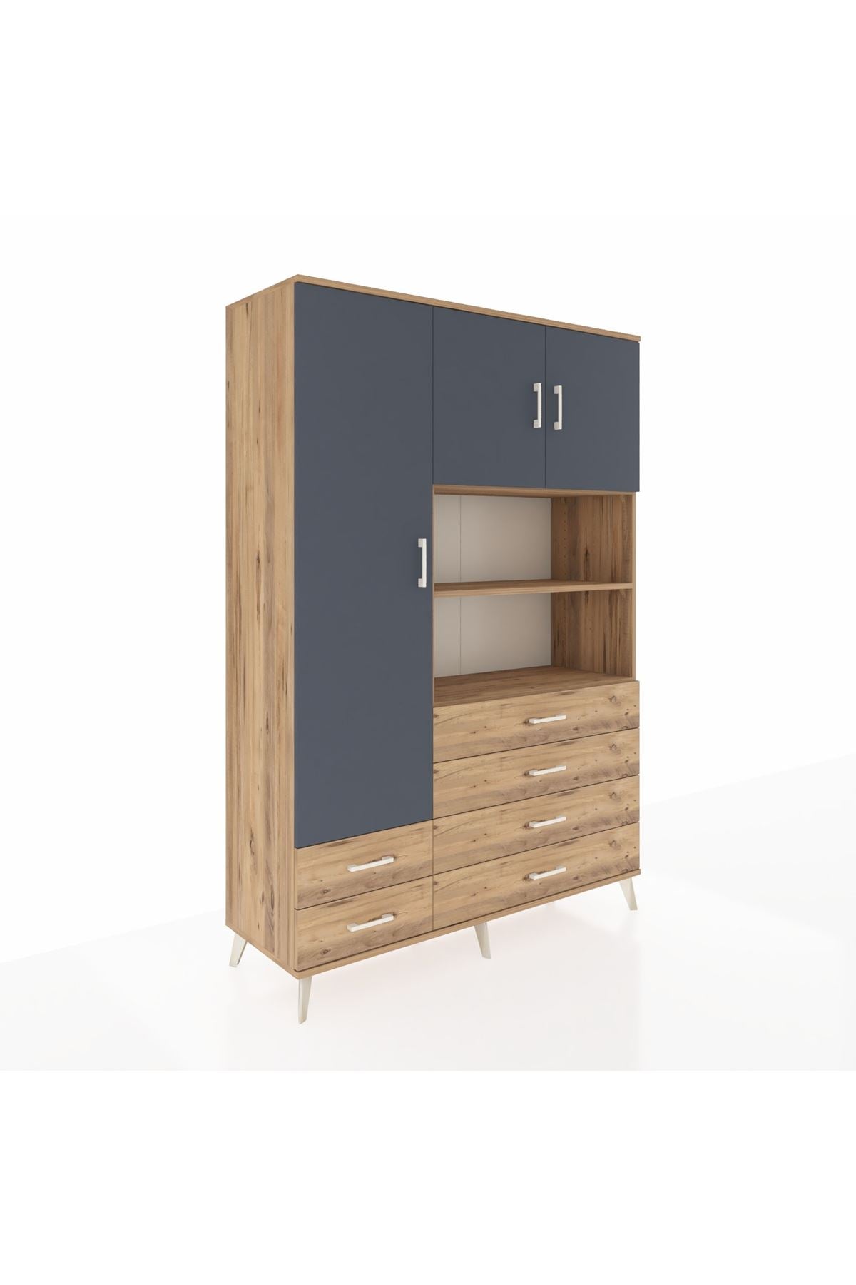 Hyperion Dolap 8 Raflı 6 Çekmeceli 3 Kapaklı 132x44x195 Çam-Antrasit/Çam