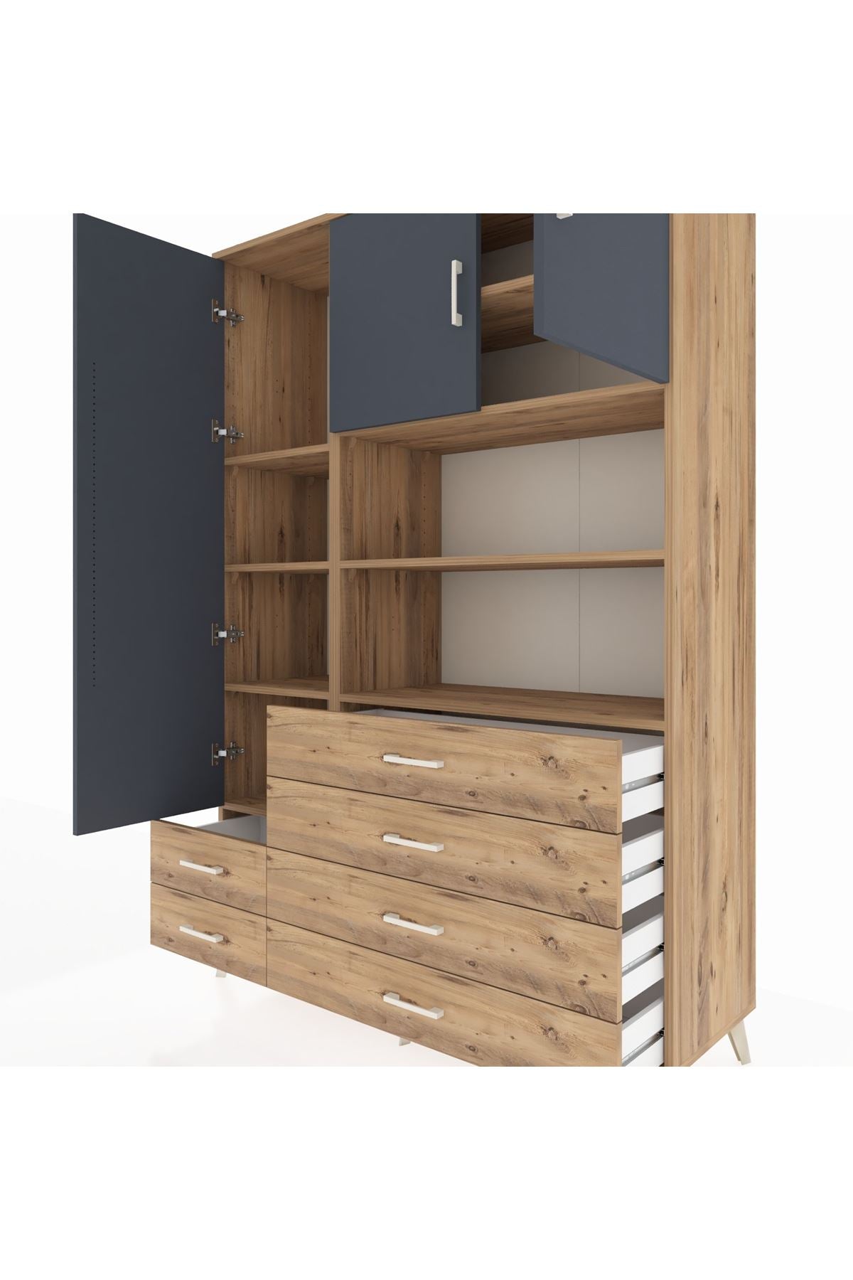 Hyperion Dolap 8 Raflı 6 Çekmeceli 3 Kapaklı 132x44x195 Çam-Antrasit/Çam