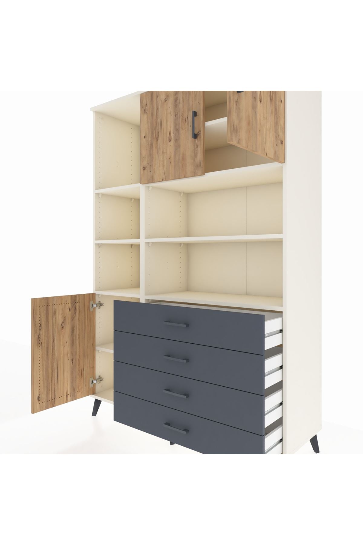 Hyperion Dolap 8 Raflı 4 Çekmeceli 3 Kapaklı 132x44x195 Aytaşı-Çam/Antrasit