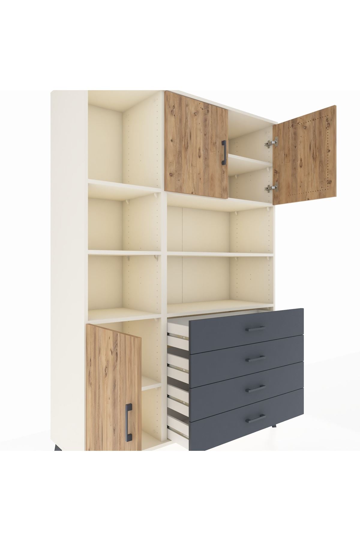 Hyperion Dolap 8 Raflı 4 Çekmeceli 3 Kapaklı 132x44x195 Aytaşı-Çam/Antrasit