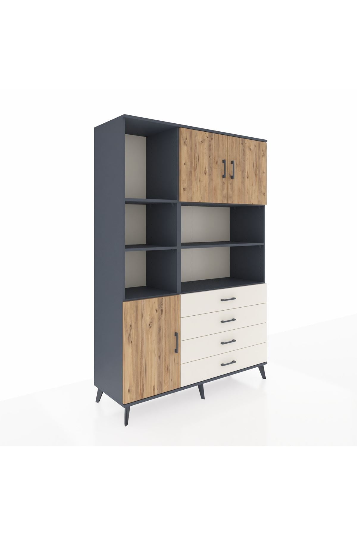 Hyperion Dolap 8 Raflı 4 Çekmeceli 3 Kapaklı 132x44x195 Antrasit-Çam/Aytaşı