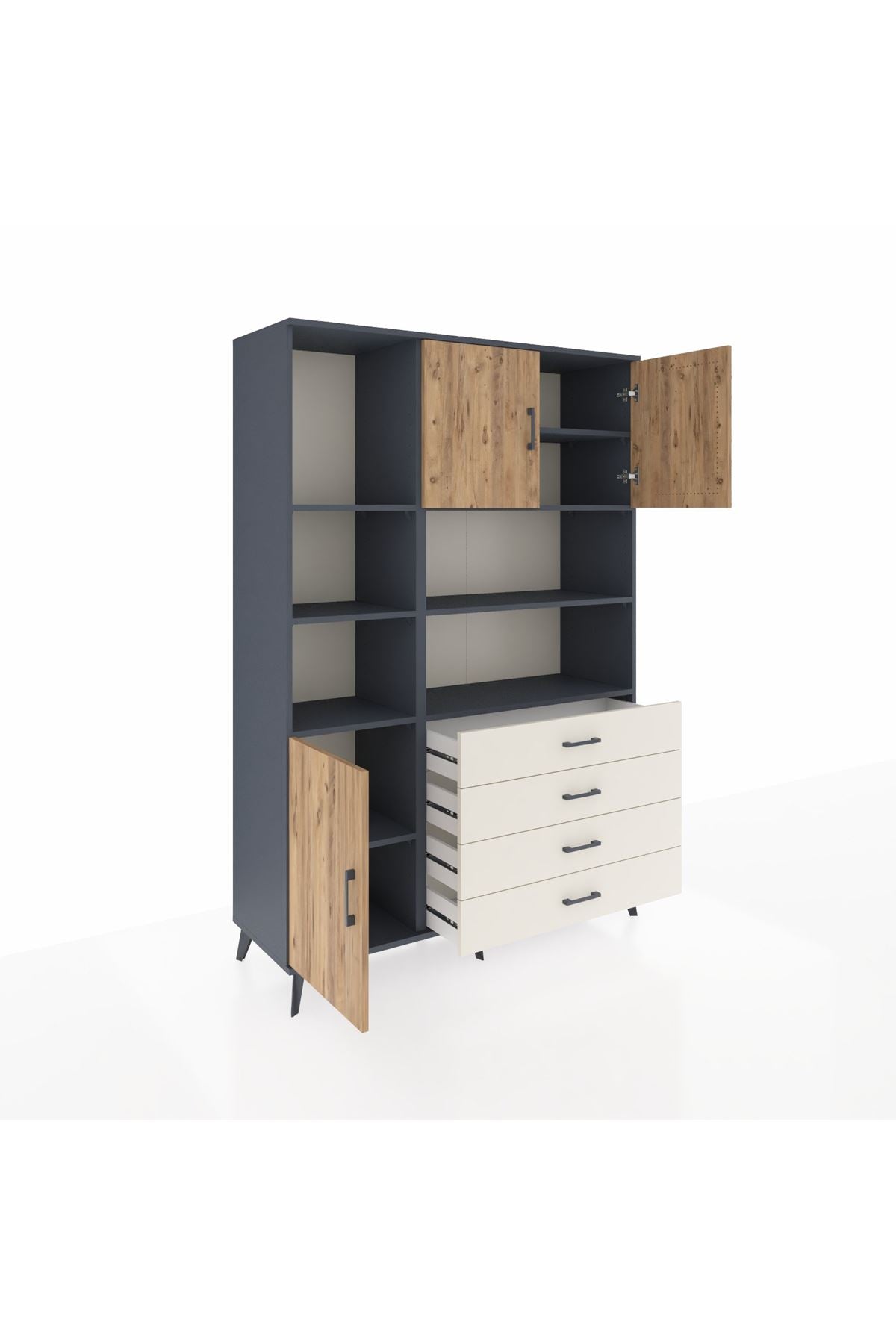 Hyperion Dolap 8 Raflı 4 Çekmeceli 3 Kapaklı 132x44x195 Antrasit-Çam/Aytaşı
