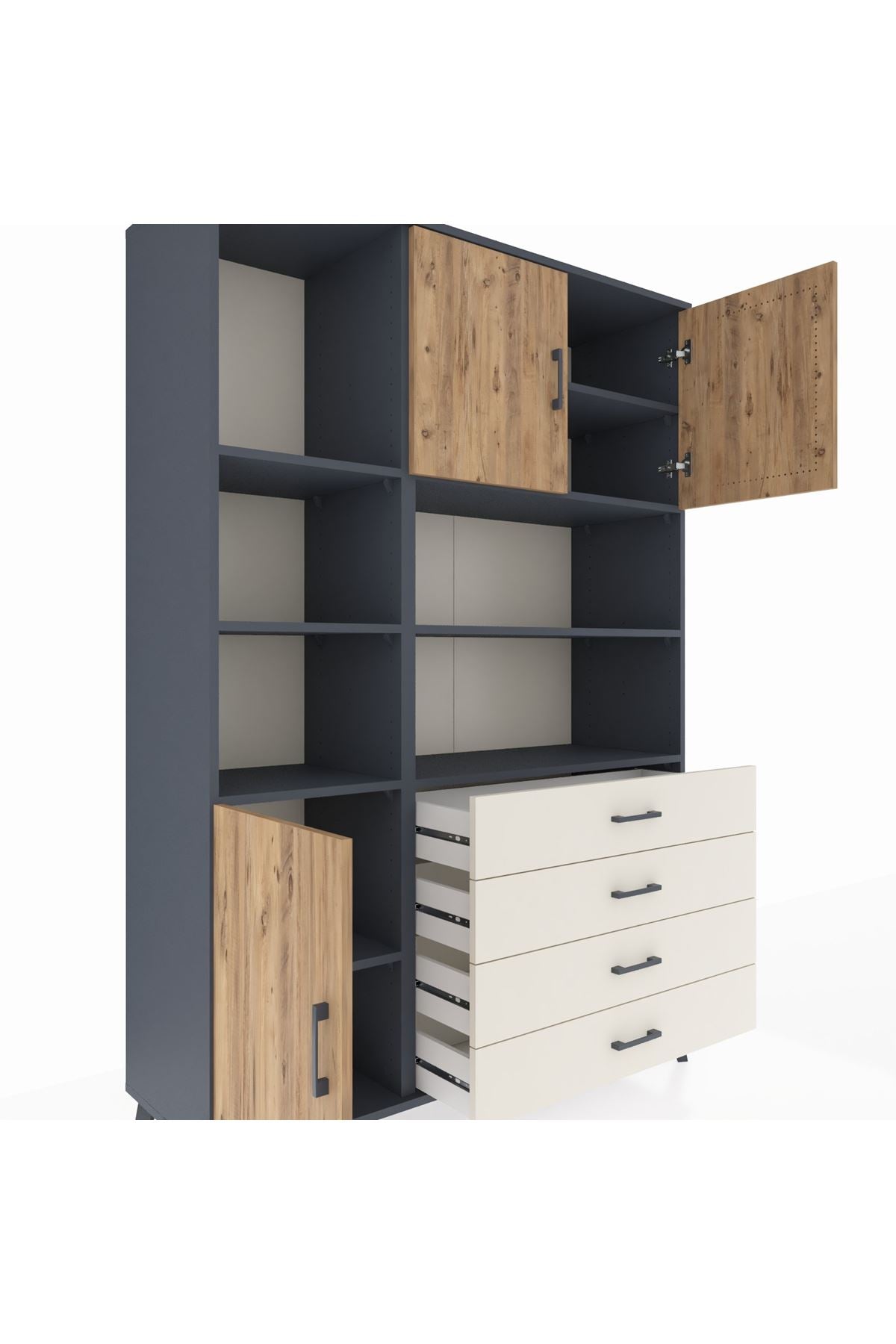 Hyperion Dolap 8 Raflı 4 Çekmeceli 3 Kapaklı 132x44x195 Antrasit-Çam/Aytaşı