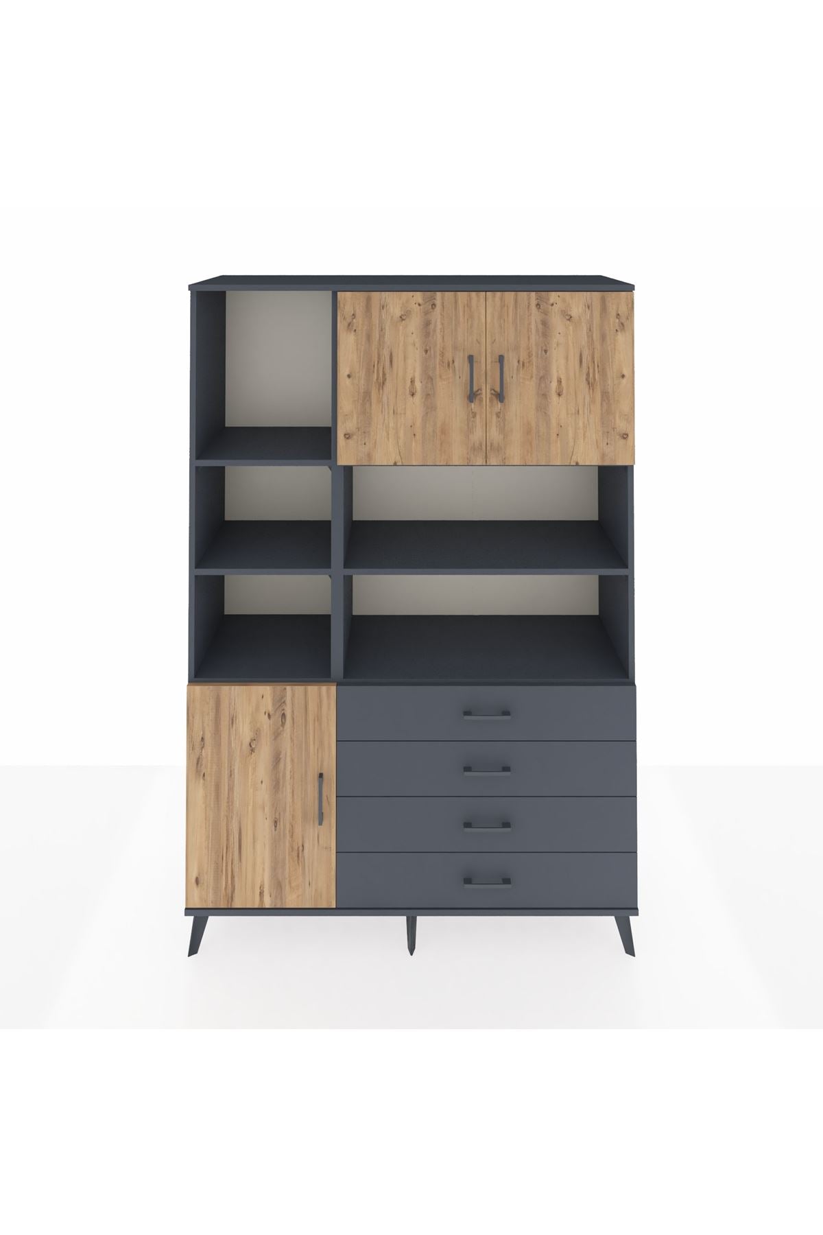 Hyperion Dolap 8 Raflı 4 Çekmeceli 3 Kapaklı 132x44x195 Antrasit-Çam/Antrasit