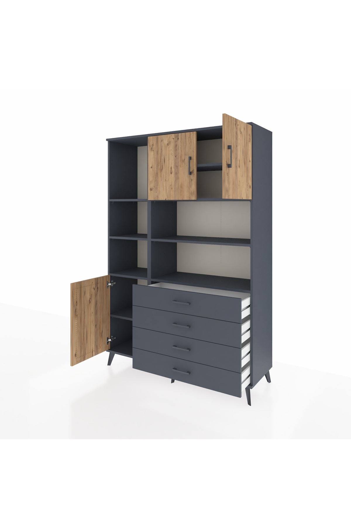 Hyperion Dolap 8 Raflı 4 Çekmeceli 3 Kapaklı 132x44x195 Antrasit-Çam/Antrasit