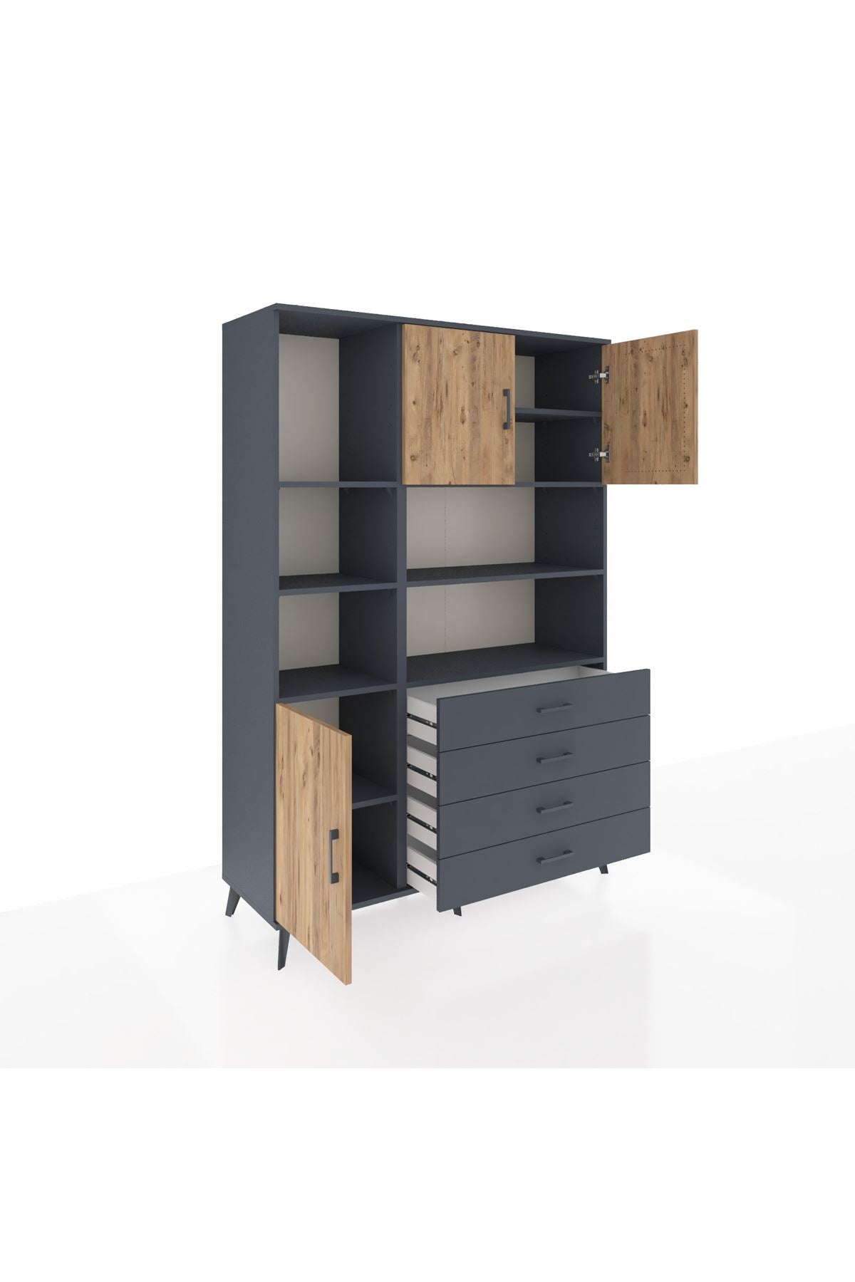 Hyperion Dolap 8 Raflı 4 Çekmeceli 3 Kapaklı 132x44x195 Antrasit-Çam/Antrasit