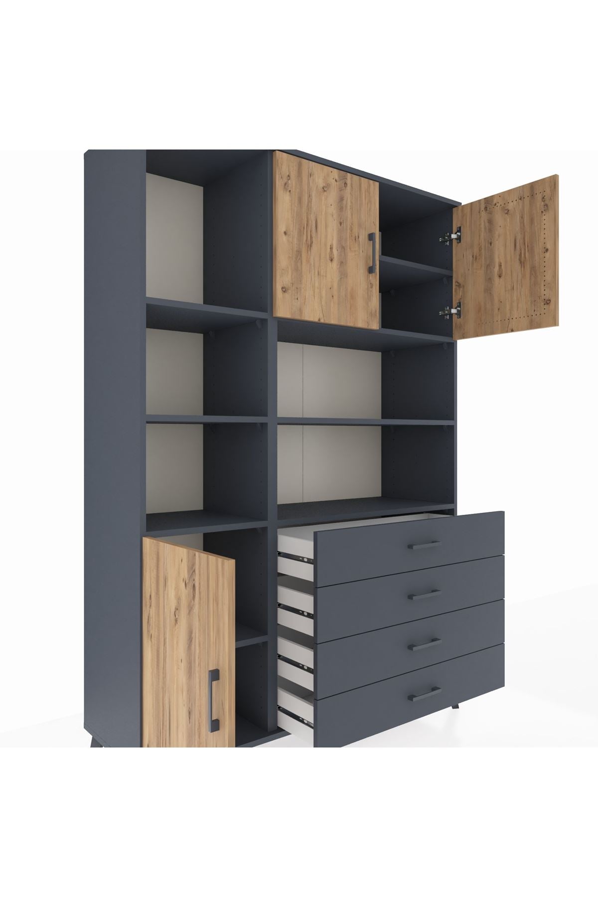 Hyperion Dolap 8 Raflı 4 Çekmeceli 3 Kapaklı 132x44x195 Antrasit-Çam/Antrasit