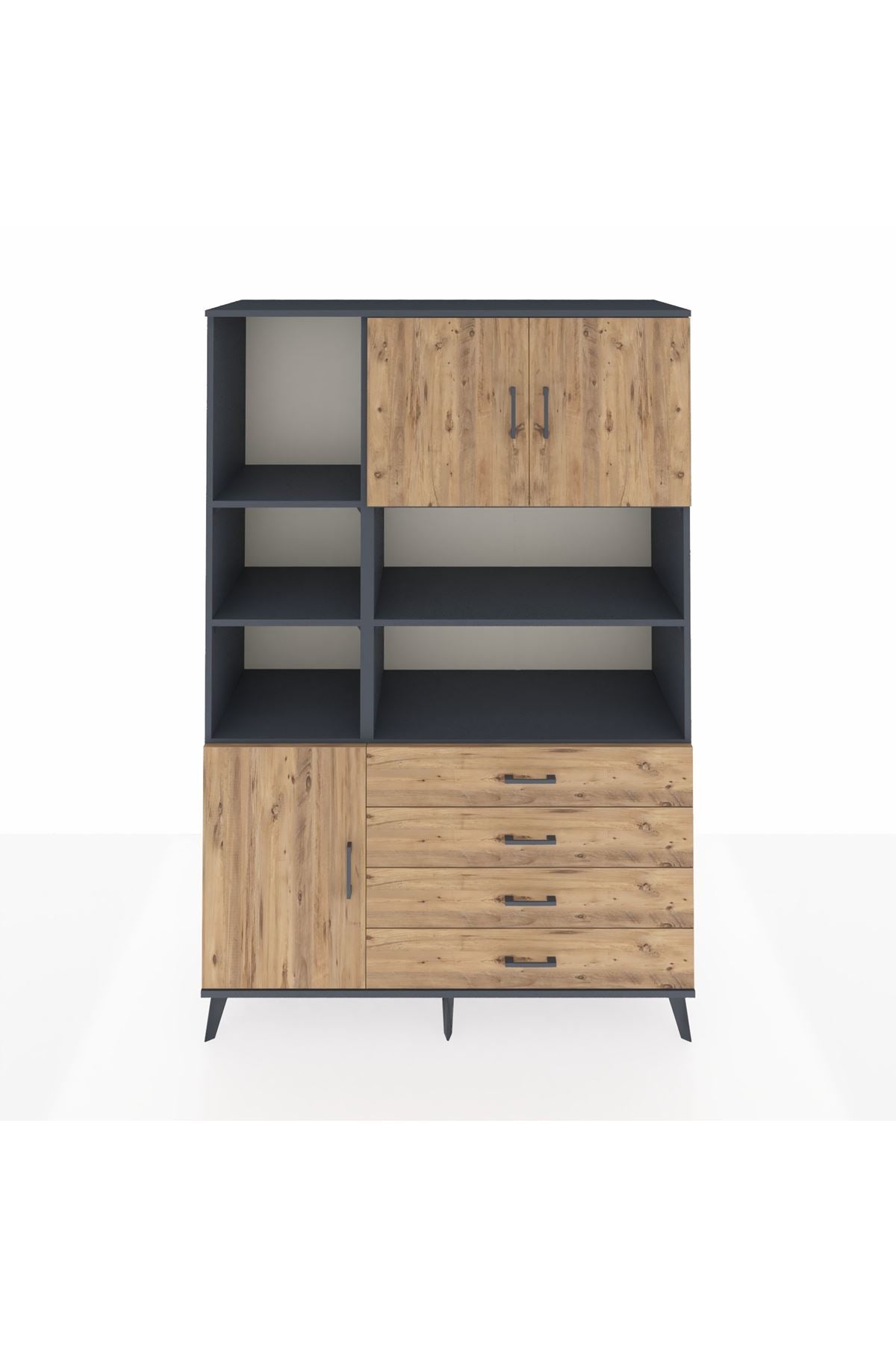 Hyperion Dolap 8 Raflı 4 Çekmeceli 3 Kapaklı 132x44x195 Antrasit-Çam/Çam