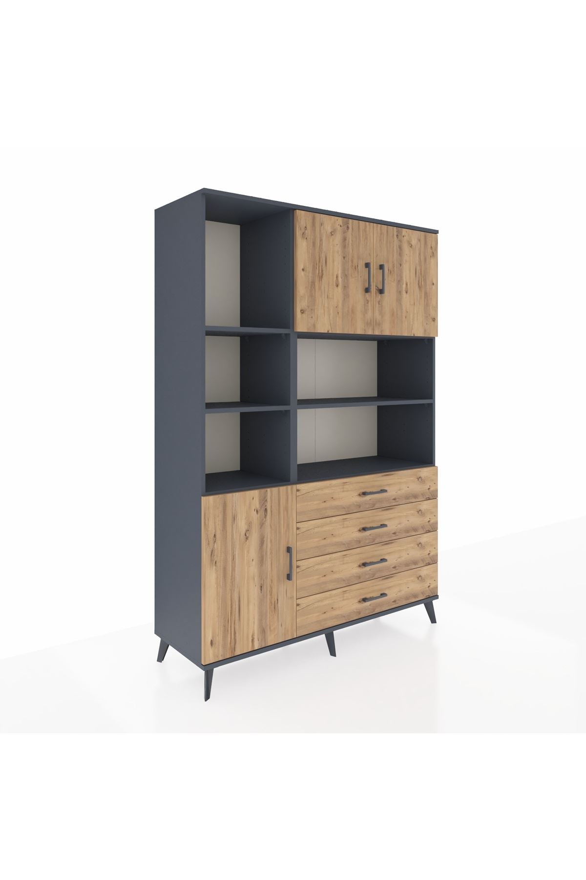 Hyperion Dolap 8 Raflı 4 Çekmeceli 3 Kapaklı 132x44x195 Antrasit-Çam/Çam