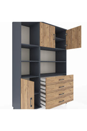 Hyperion Dolap 8 Raflı 4 Çekmeceli 3 Kapaklı 132x44x195 Antrasit-Çam/Çam