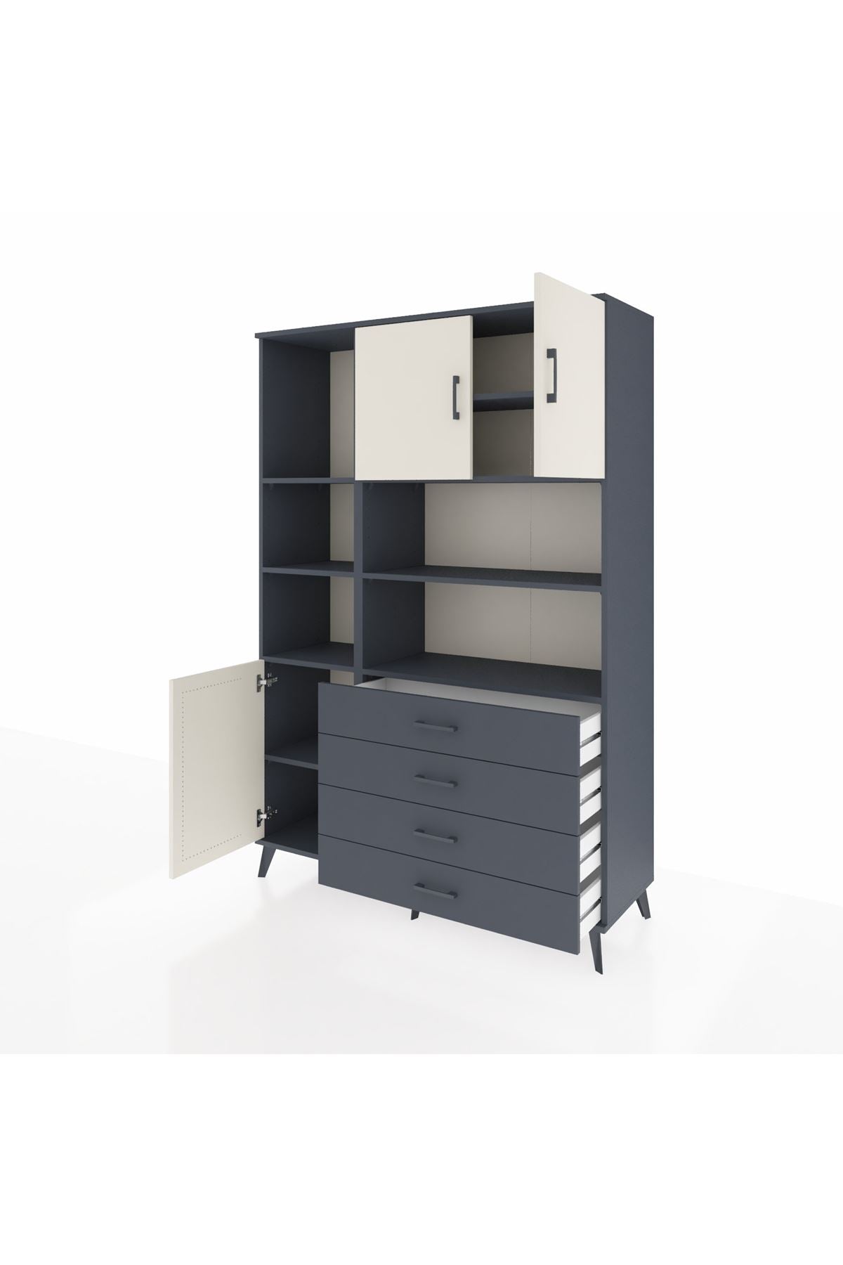Hyperion Dolap 8 Raflı 4 Çekmeceli 3 Kapaklı 132x44x195 Antrasit-Aytaşı/Antrasit