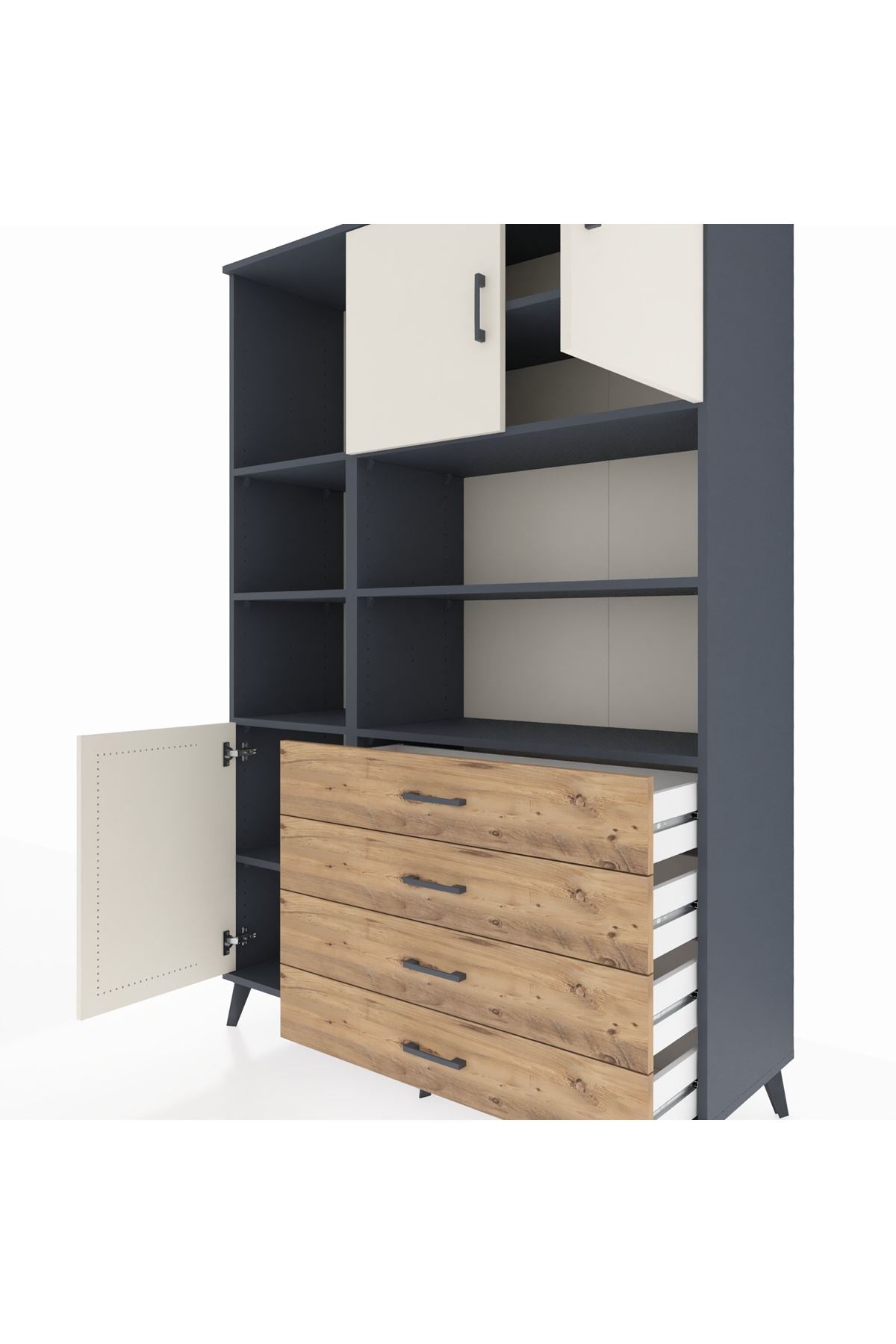 Hyperion Dolap 8 Raflı 4 Çekmeceli 3 Kapaklı 132x44x195 Antrasit-Aytaşı/Çam