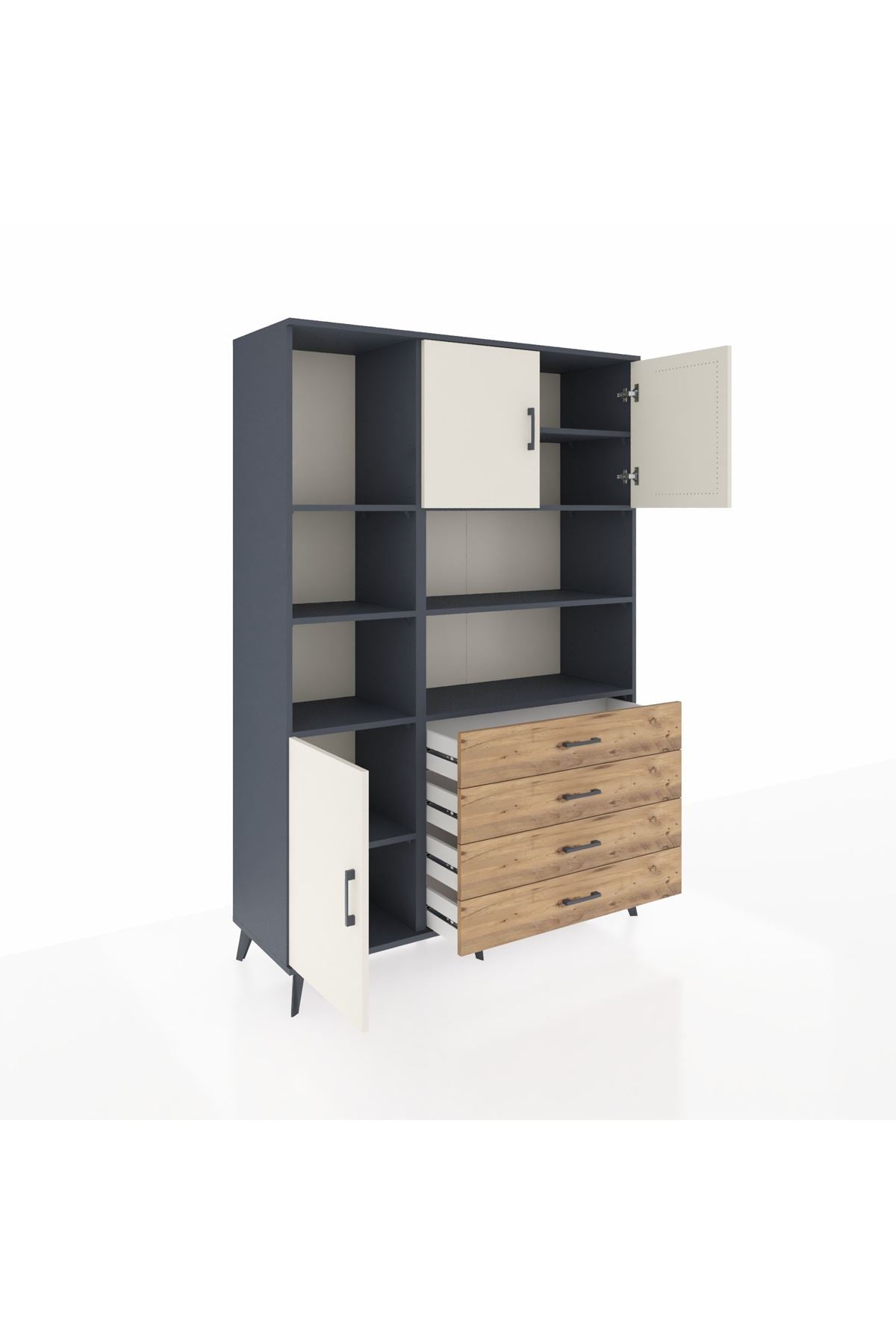 Hyperion Dolap 8 Raflı 4 Çekmeceli 3 Kapaklı 132x44x195 Antrasit-Aytaşı/Çam