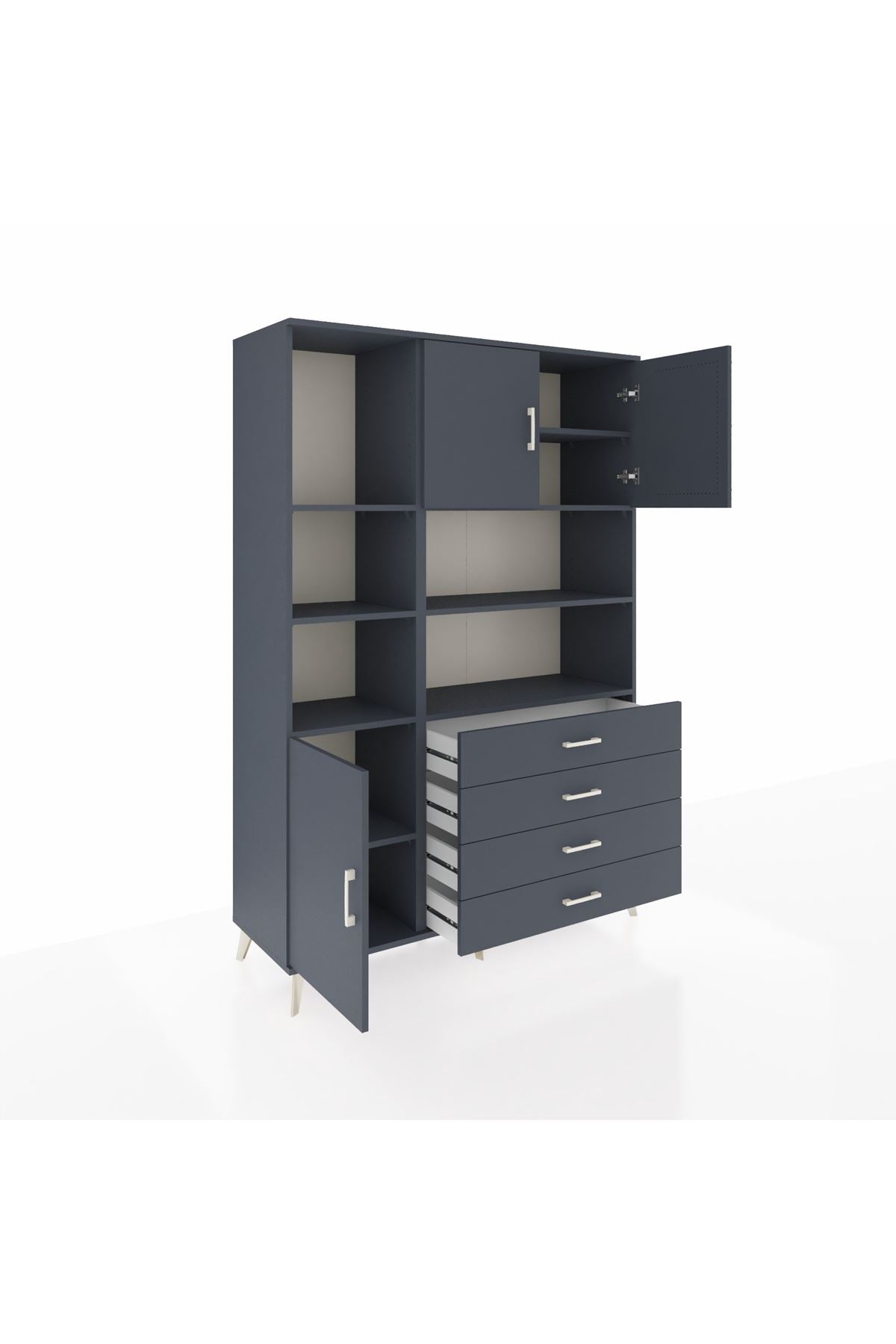 Hyperion Dolap 8 Raflı 4 Çekmeceli 3 Kapaklı 132x44x195 Antrasit-Antrasit/Antrasit