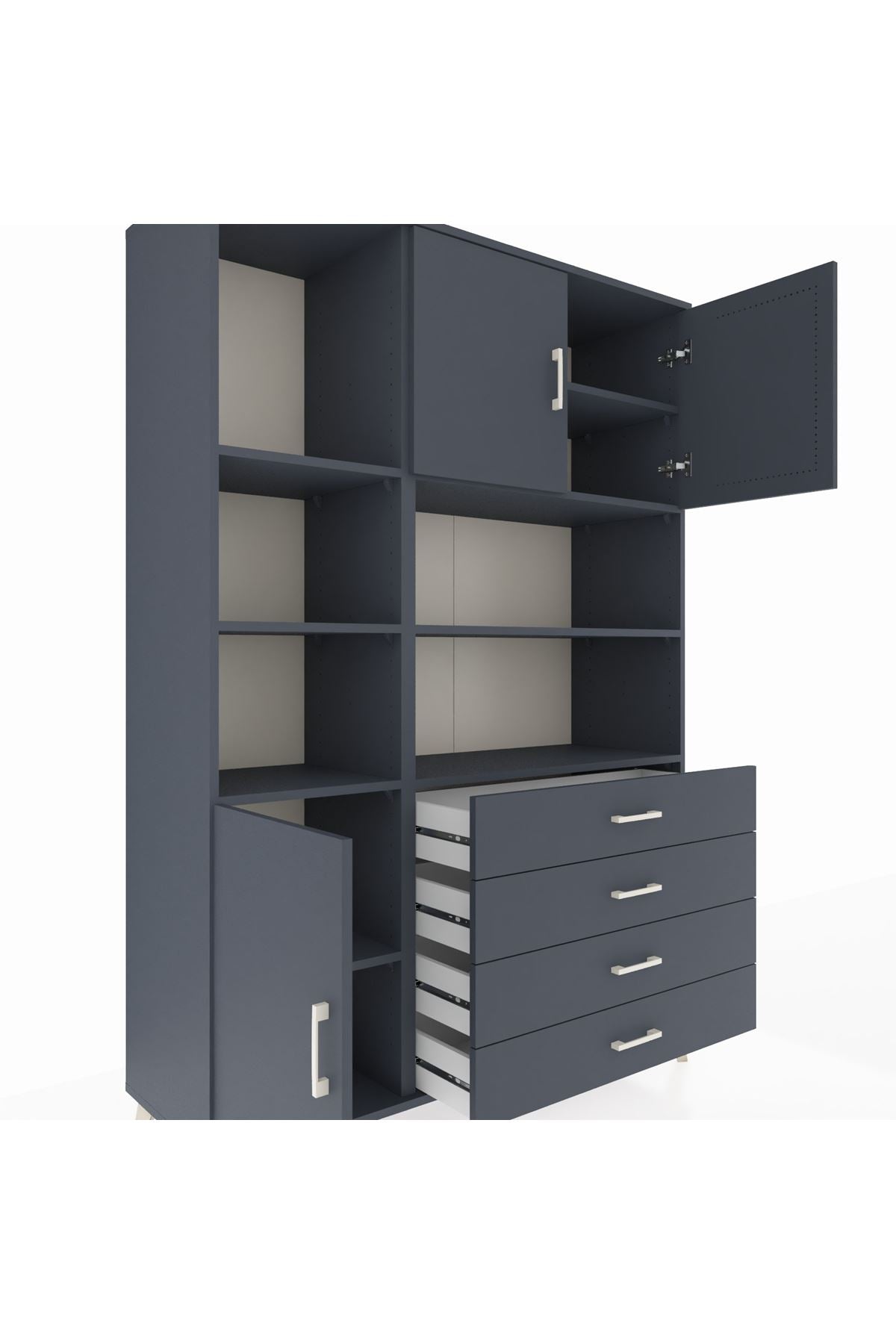 Hyperion Dolap 8 Raflı 4 Çekmeceli 3 Kapaklı 132x44x195 Antrasit-Antrasit/Antrasit