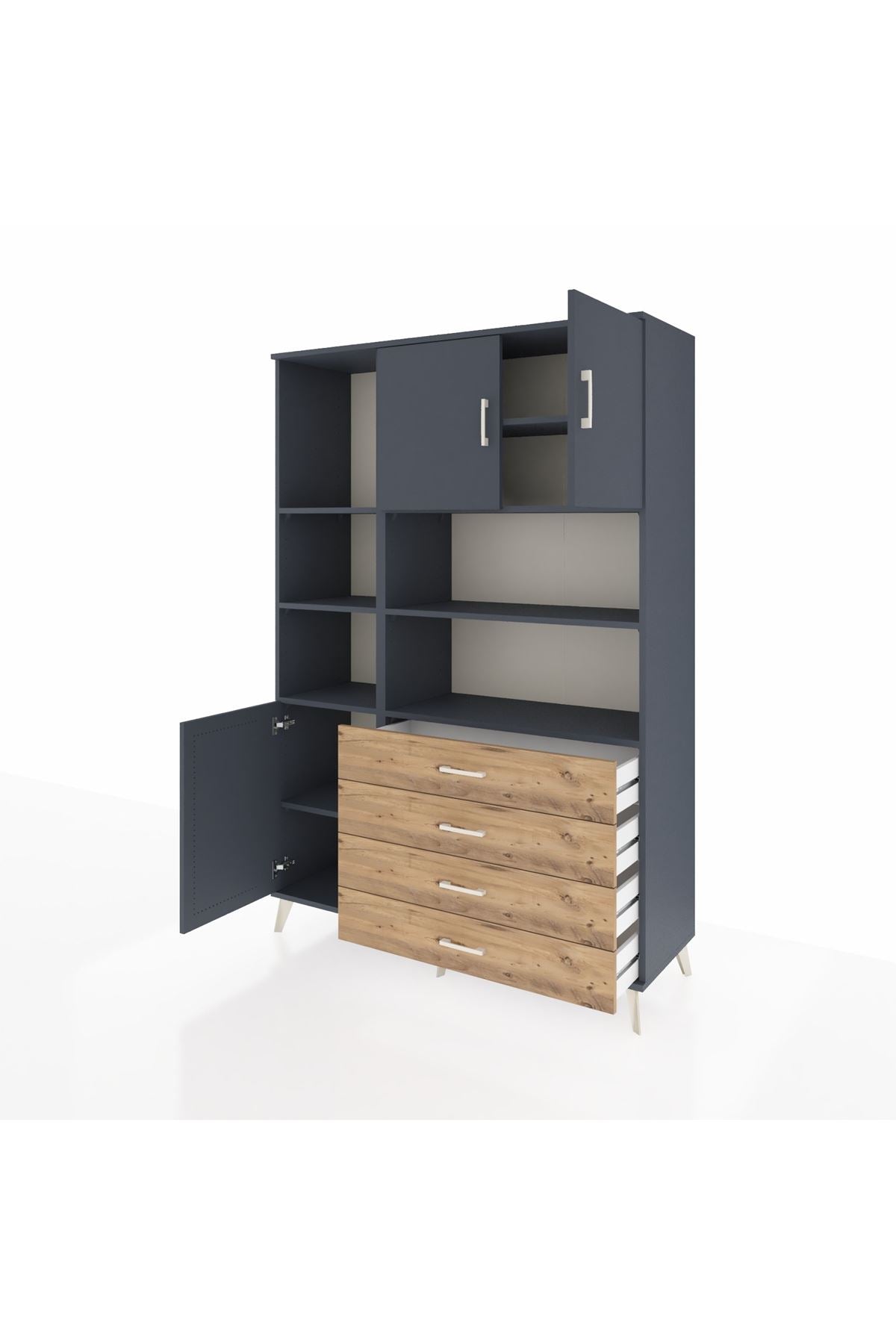 Hyperion Dolap 8 Raflı 4 Çekmeceli 3 Kapaklı 132x44x195 Antrasit-Antrasit/Çam