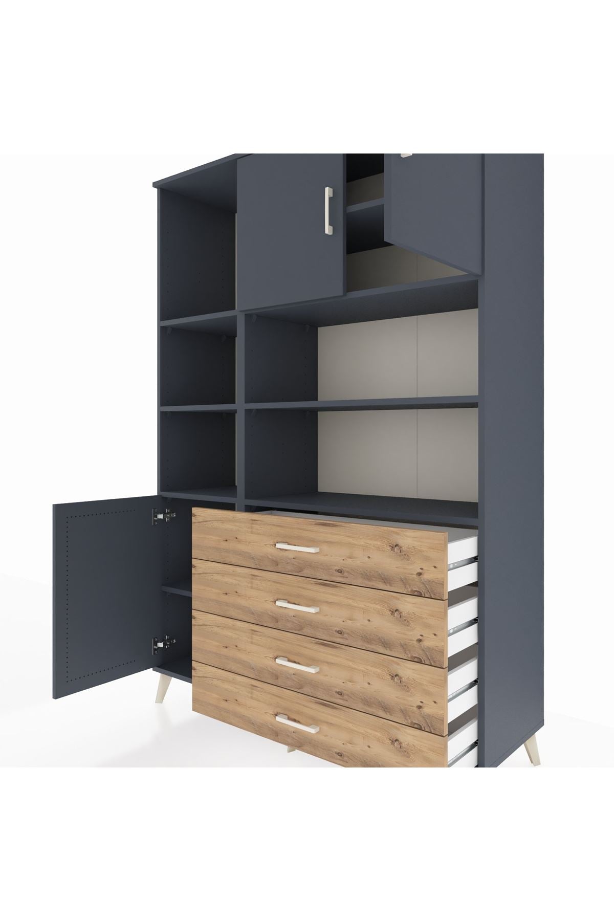 Hyperion Dolap 8 Raflı 4 Çekmeceli 3 Kapaklı 132x44x195 Antrasit-Antrasit/Çam