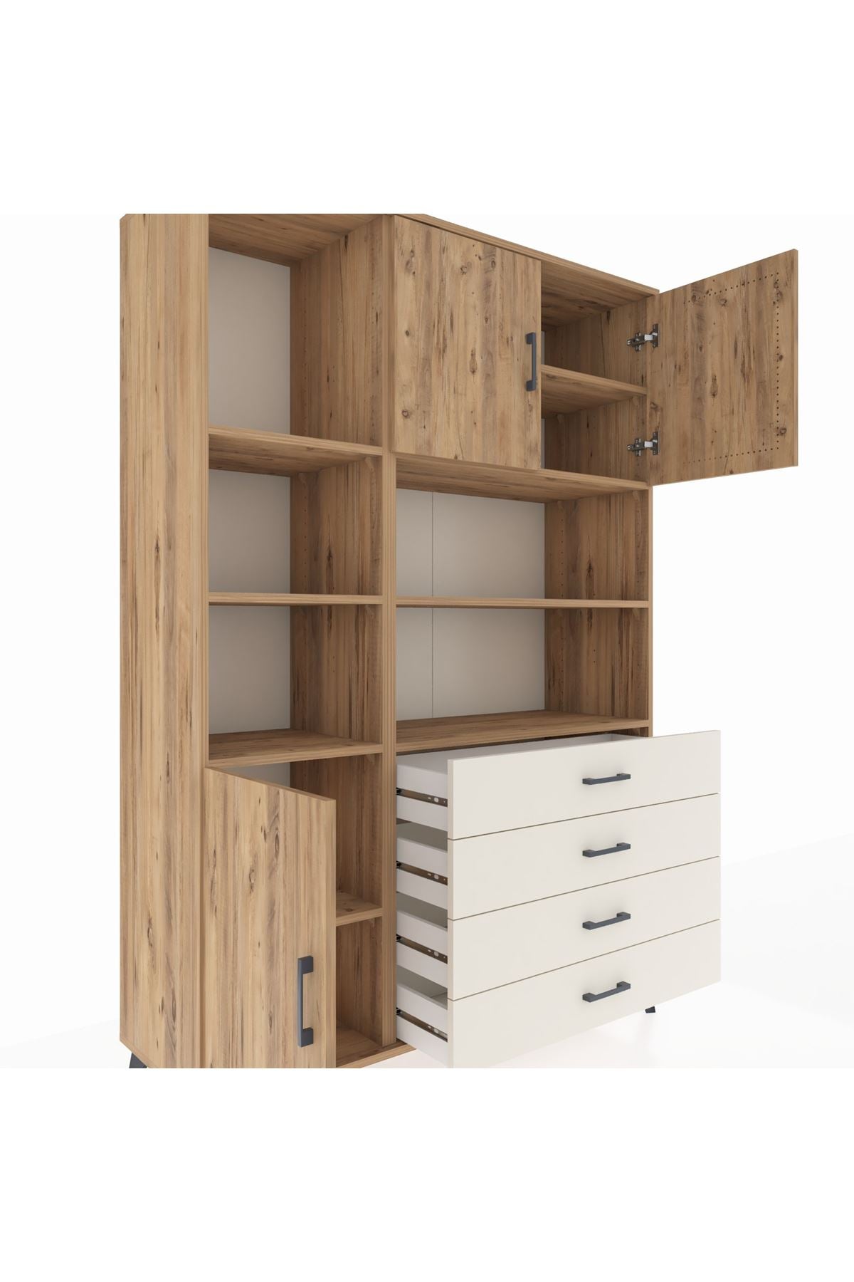 Hyperion Dolap 8 Raflı 4 Çekmeceli 3 Kapaklı 132x44x195 Çam-Çam/Aytaşı