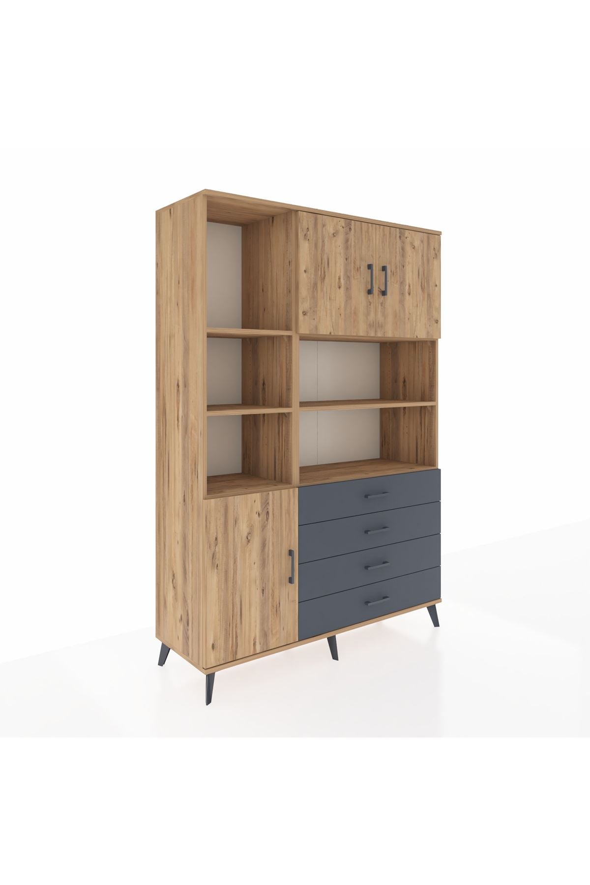 Hyperion Dolap 8 Raflı 4 Çekmeceli 3 Kapaklı 132x44x195 Çam-Çam/Antrasit