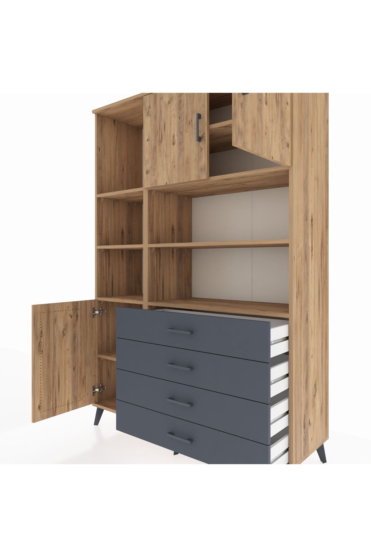 Hyperion Dolap 8 Raflı 4 Çekmeceli 3 Kapaklı 132x44x195 Çam-Çam/Antrasit