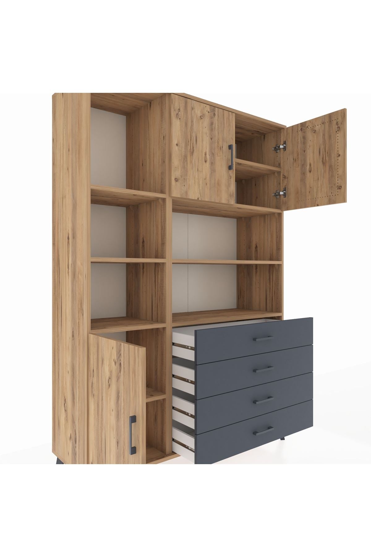 Hyperion Dolap 8 Raflı 4 Çekmeceli 3 Kapaklı 132x44x195 Çam-Çam/Antrasit