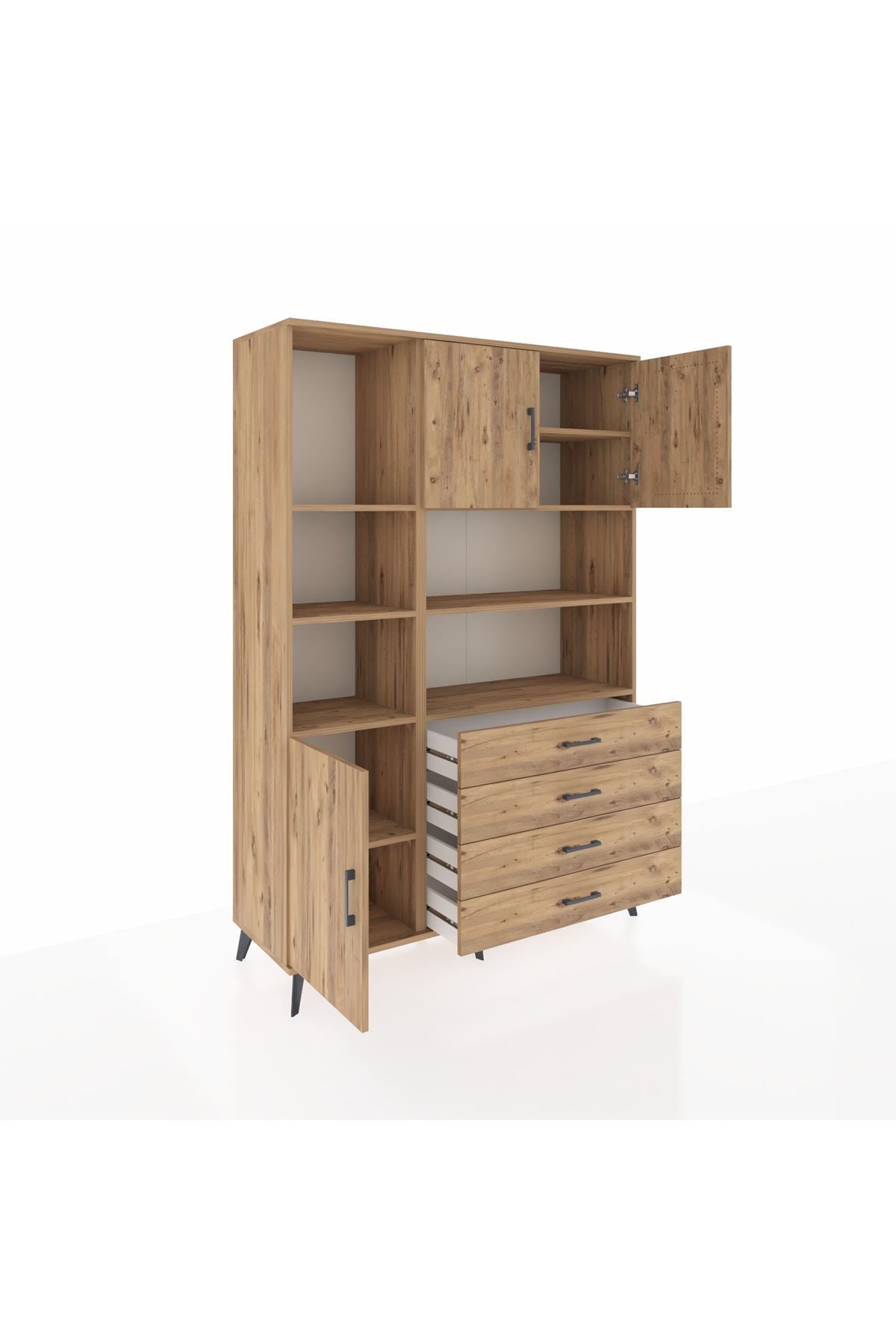 Hyperion Dolap 8 Raflı 4 Çekmeceli 3 Kapaklı 132x44x195 Çam-Çam/Çam