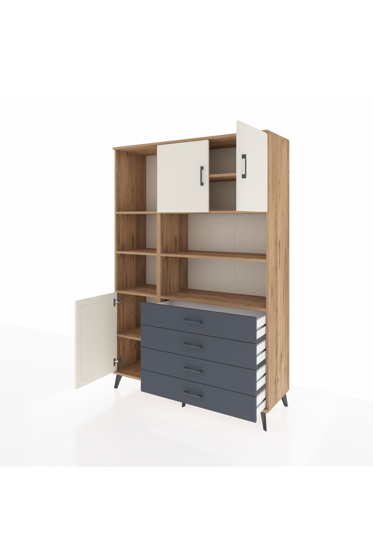 Hyperion Dolap 8 Raflı 4 Çekmeceli 3 Kapaklı 132x44x195 Çam-Aytaşı/Antrasit