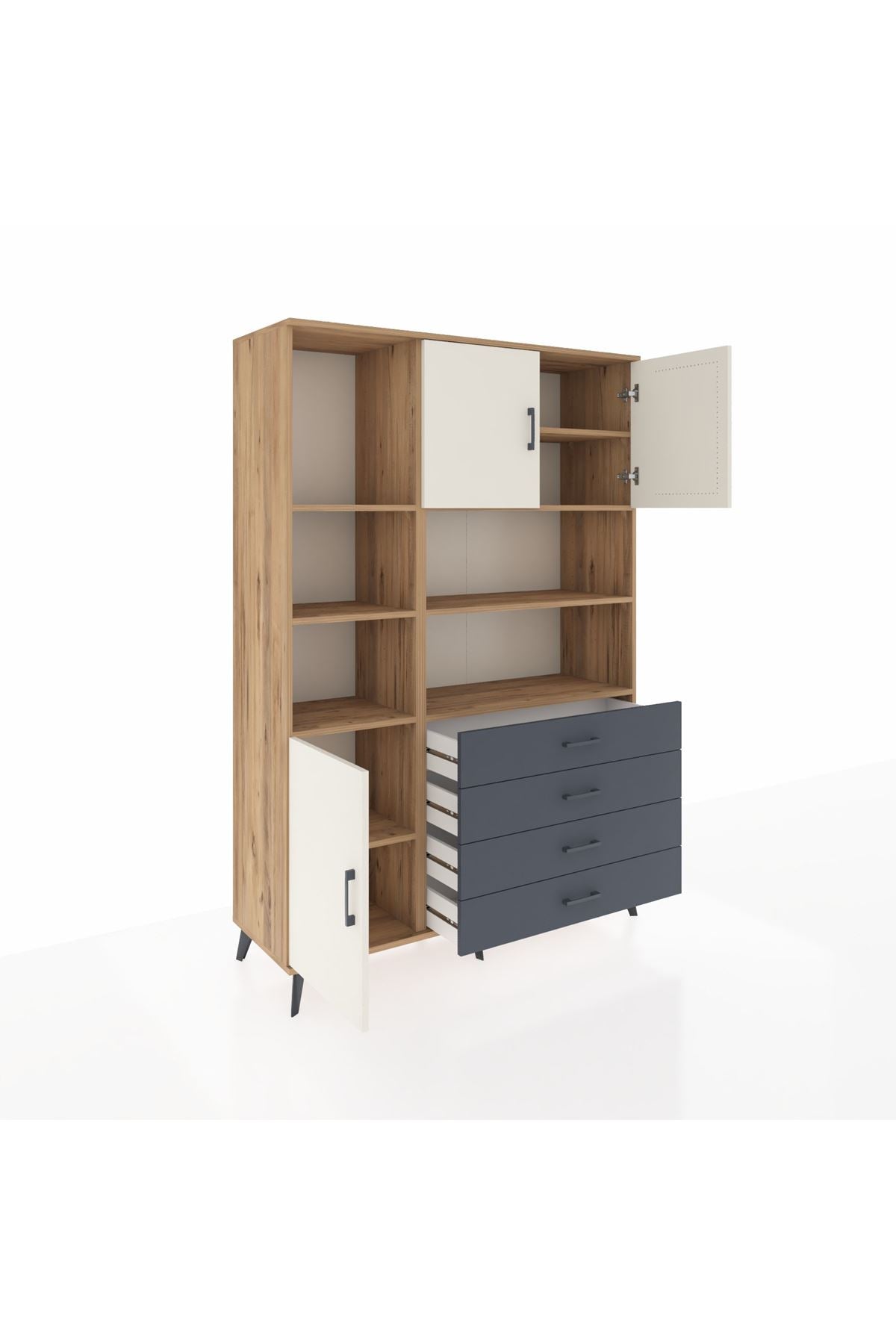 Hyperion Dolap 8 Raflı 4 Çekmeceli 3 Kapaklı 132x44x195 Çam-Aytaşı/Antrasit