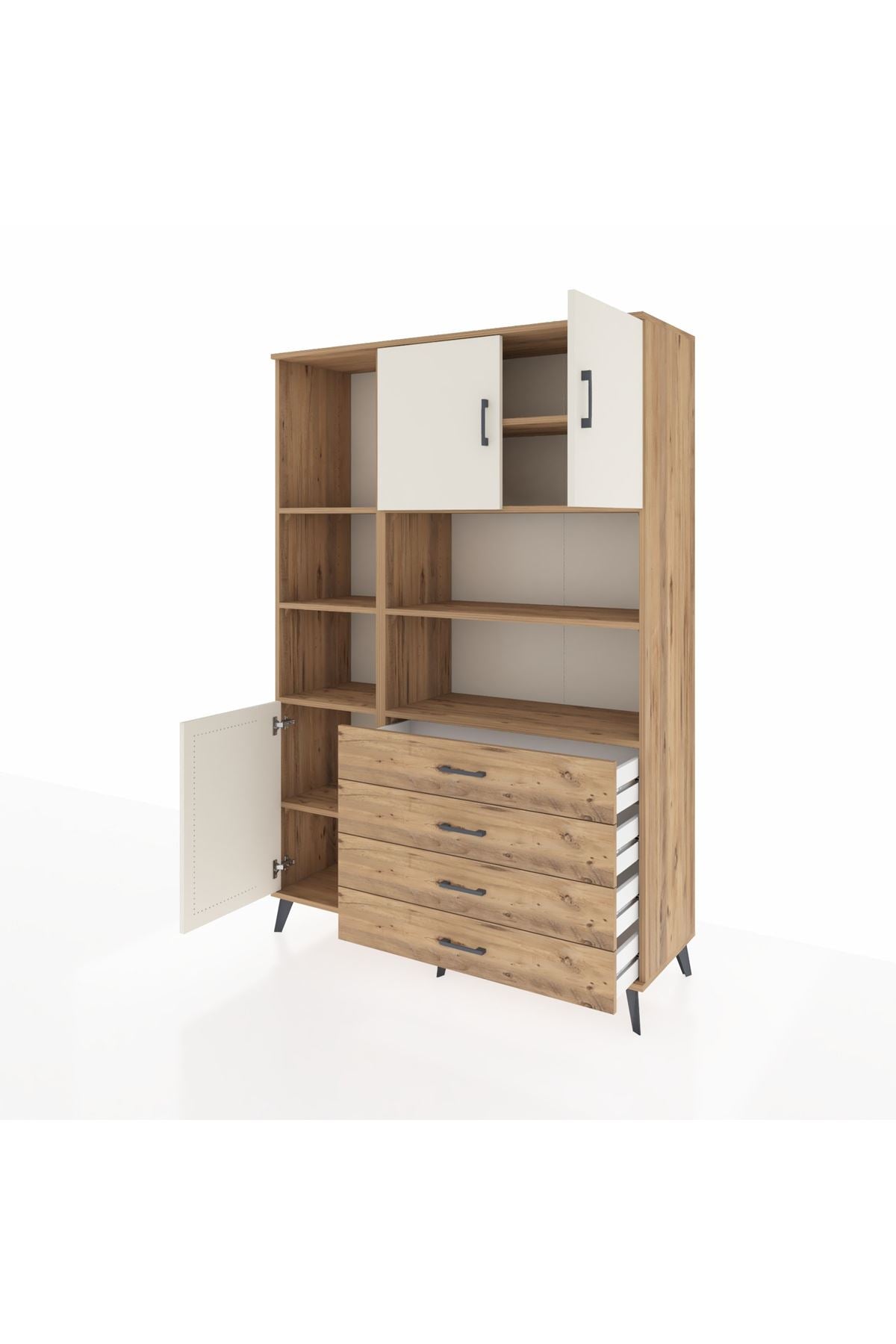 Hyperion Dolap 8 Raflı 4 Çekmeceli 3 Kapaklı 132x44x195 Çam-Aytaşı/Çam