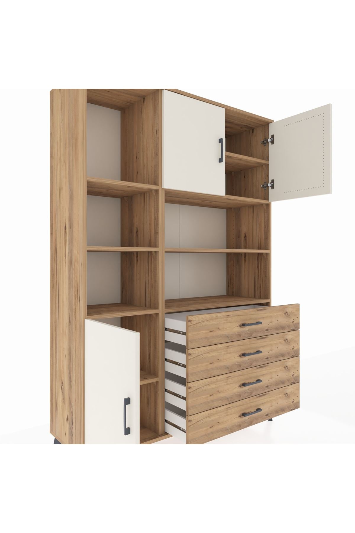 Hyperion Dolap 8 Raflı 4 Çekmeceli 3 Kapaklı 132x44x195 Çam-Aytaşı/Çam