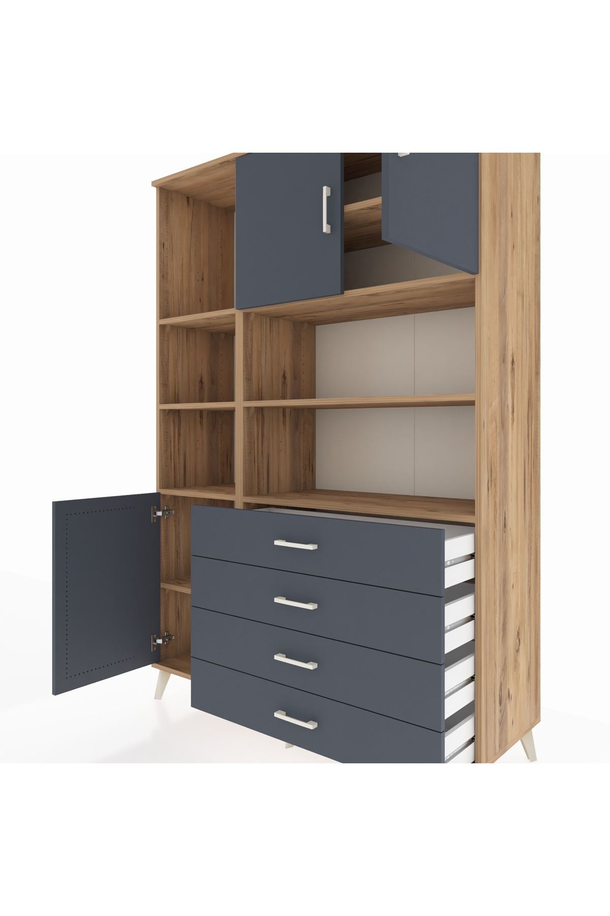 Hyperion Dolap 8 Raflı 4 Çekmeceli 3 Kapaklı 132x44x195 Çam-Antrasit/Antrasit