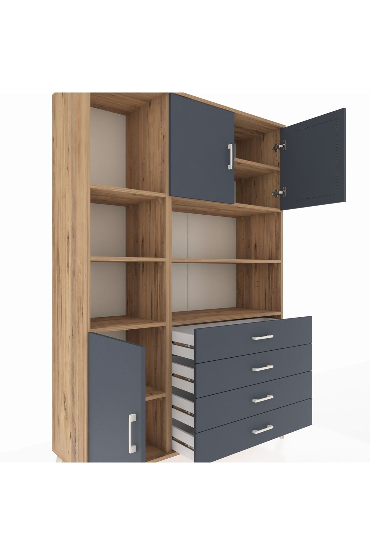 Hyperion Dolap 8 Raflı 4 Çekmeceli 3 Kapaklı 132x44x195 Çam-Antrasit/Antrasit