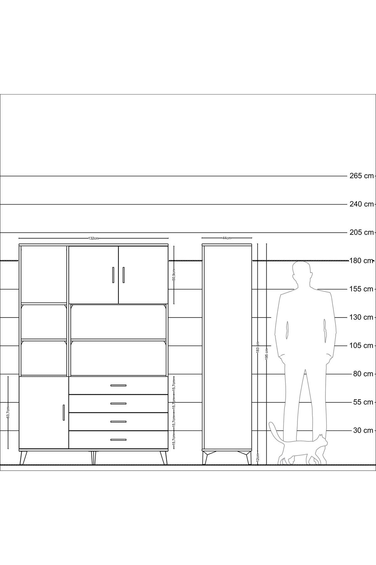 Hyperion Dolap 8 Raflı 4 Çekmeceli 3 Kapaklı 132x44x195 Çam-Antrasit/Antrasit