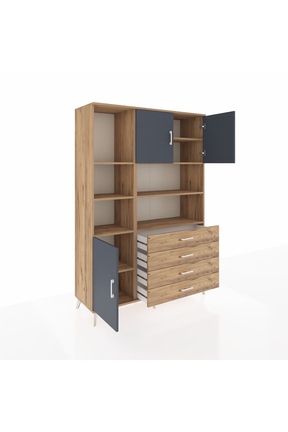 Hyperion Dolap 8 Raflı 4 Çekmeceli 3 Kapaklı 132x44x195 Çam-Antrasit/Çam