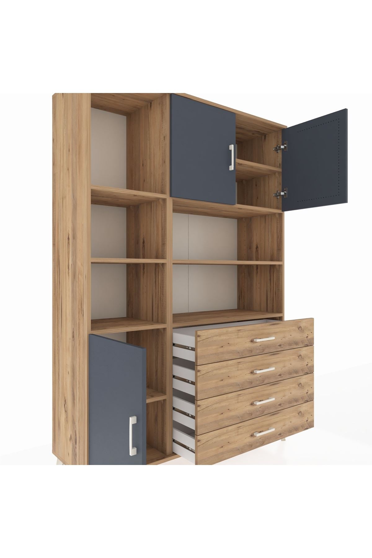 Hyperion Dolap 8 Raflı 4 Çekmeceli 3 Kapaklı 132x44x195 Çam-Antrasit/Çam