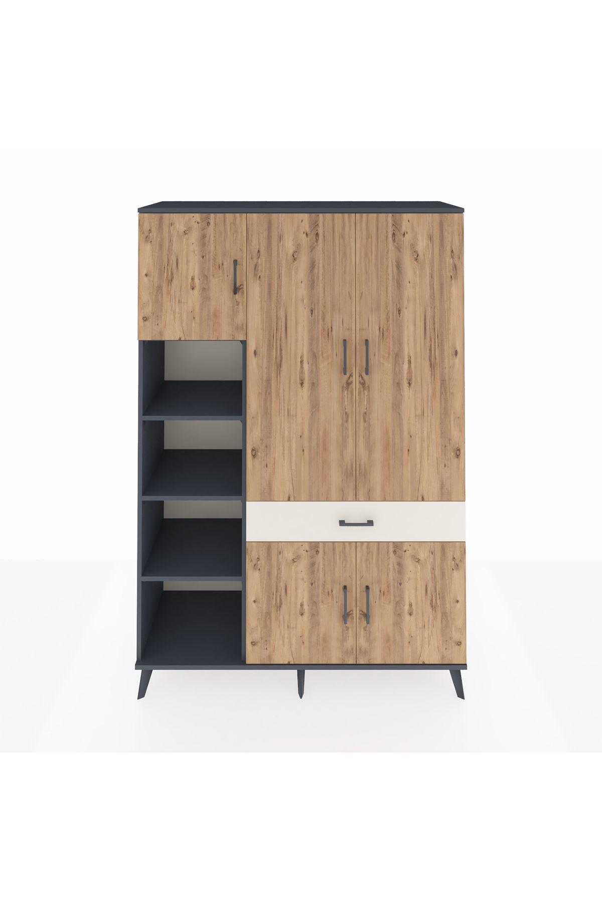 Hyperion Dolap 8 Raflı Tek Çekmeceli 5 Kapaklı 132x44x195 Antrasit-Çam/Aytaşı