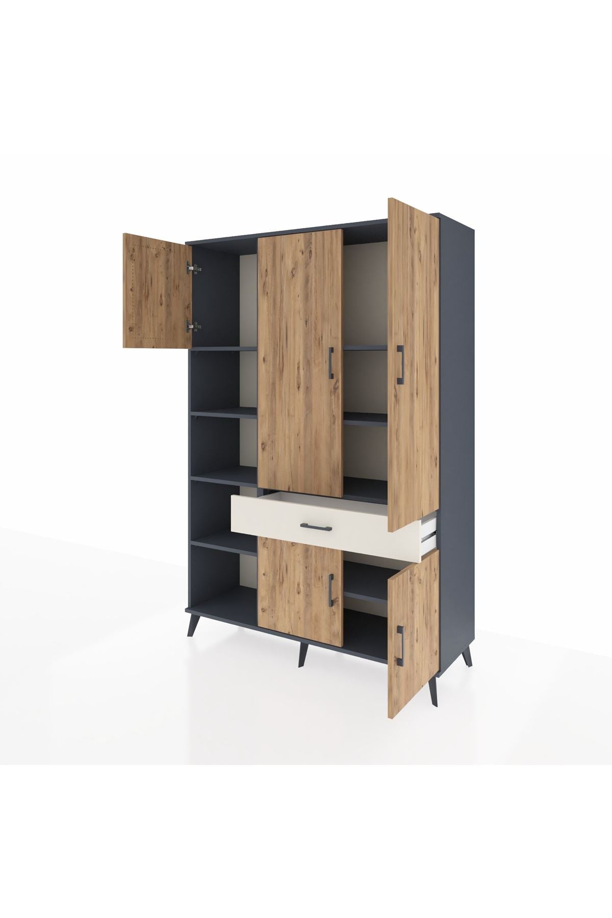 Hyperion Dolap 8 Raflı Tek Çekmeceli 5 Kapaklı 132x44x195 Antrasit-Çam/Aytaşı