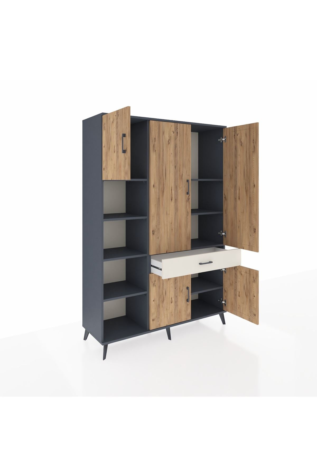 Hyperion Dolap 8 Raflı Tek Çekmeceli 5 Kapaklı 132x44x195 Antrasit-Çam/Aytaşı