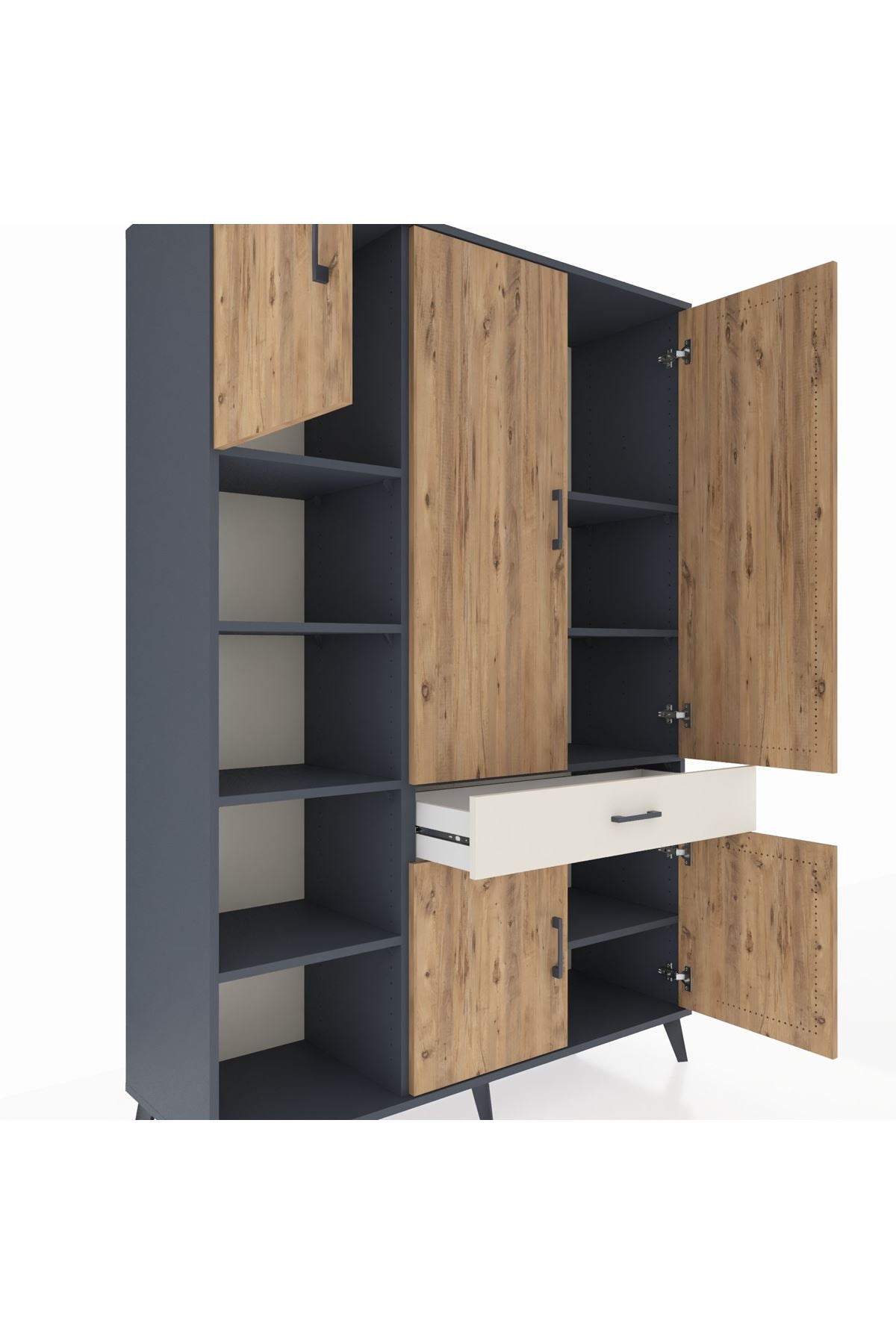 Hyperion Dolap 8 Raflı Tek Çekmeceli 5 Kapaklı 132x44x195 Antrasit-Çam/Aytaşı