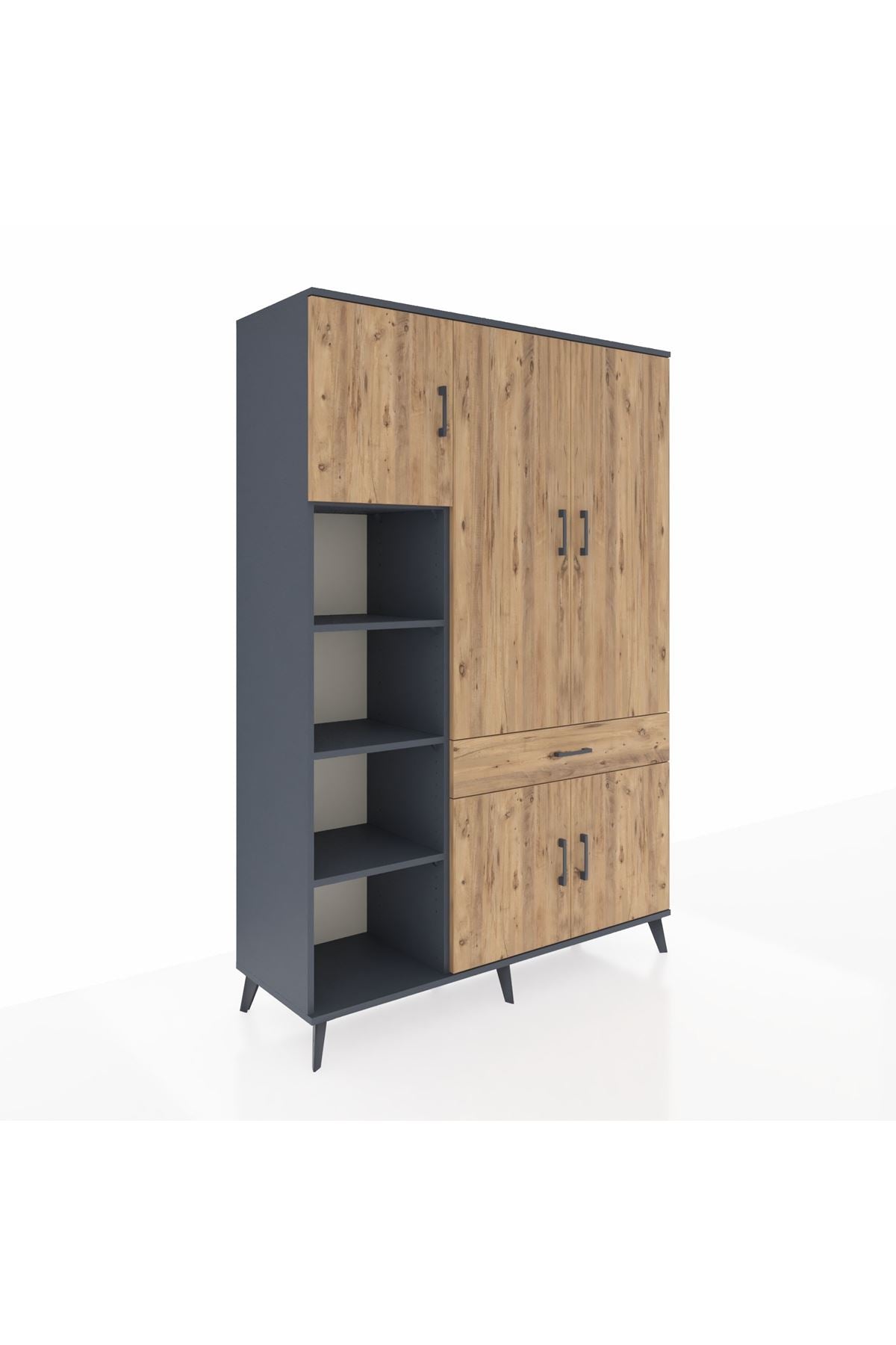 Hyperion Dolap 8 Raflı Tek Çekmeceli 5 Kapaklı 132x44x195 Antrasit-Çam/Çam