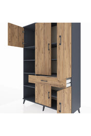 Hyperion Dolap 8 Raflı Tek Çekmeceli 5 Kapaklı 132x44x195 Antrasit-Çam/Çam