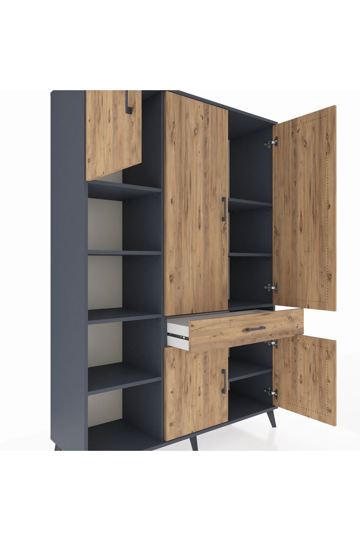 Hyperion Dolap 8 Raflı Tek Çekmeceli 5 Kapaklı 132x44x195 Antrasit-Çam/Çam