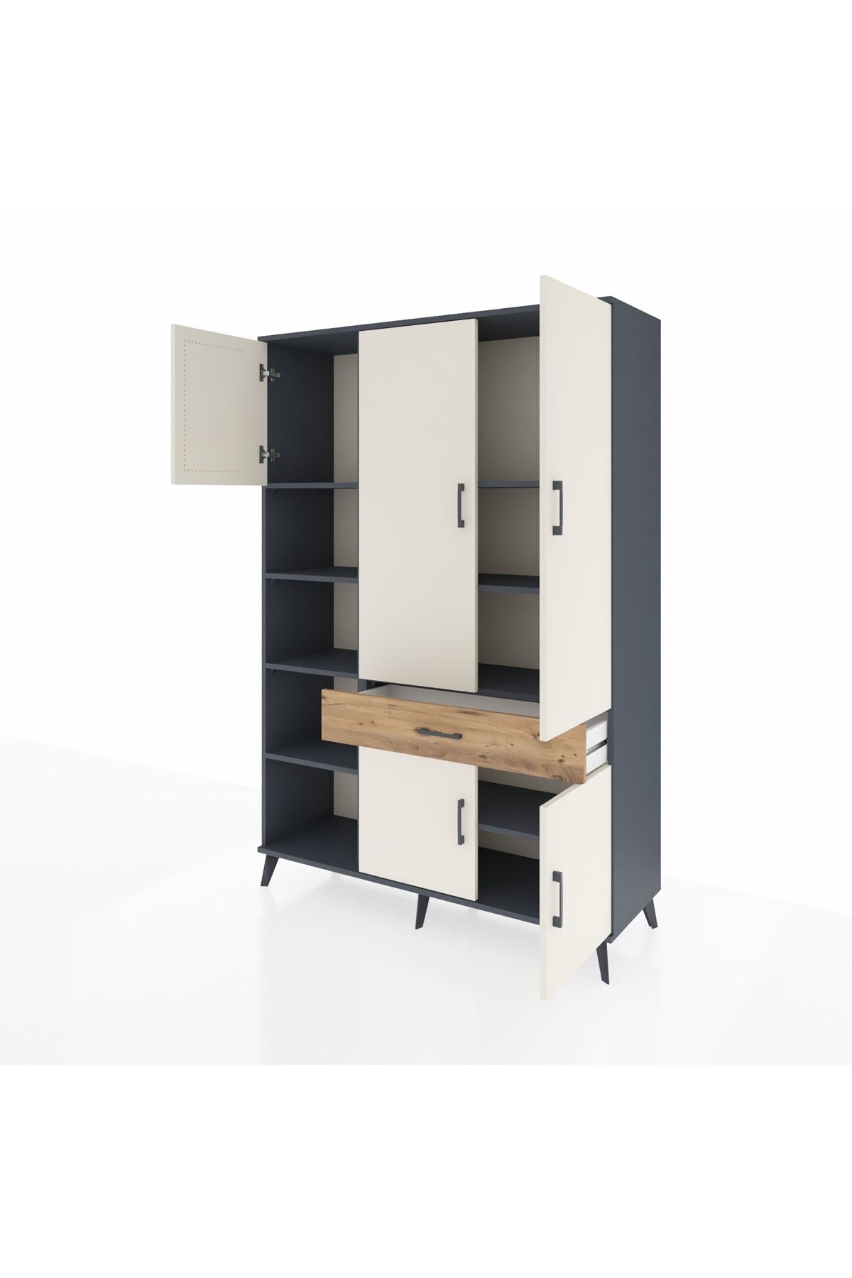 Hyperion Dolap 8 Raflı Tek Çekmeceli 5 Kapaklı 132x44x195 Antrasit-Aytaşı/Çam
