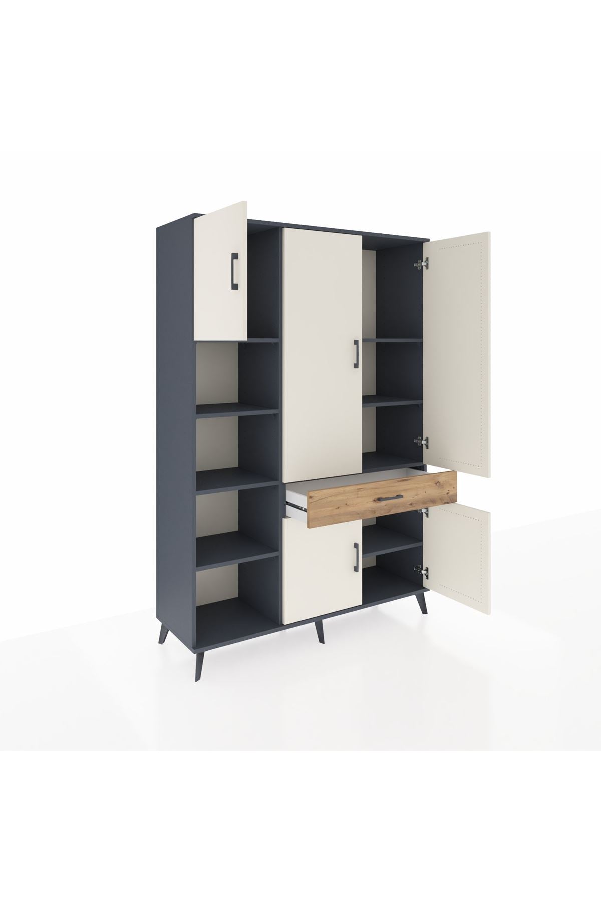 Hyperion Dolap 8 Raflı Tek Çekmeceli 5 Kapaklı 132x44x195 Antrasit-Aytaşı/Çam