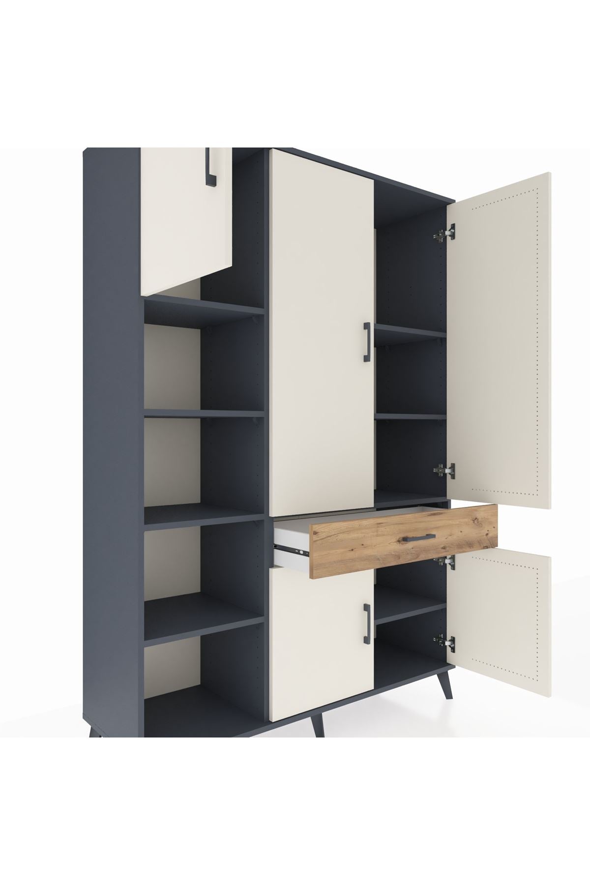 Hyperion Dolap 8 Raflı Tek Çekmeceli 5 Kapaklı 132x44x195 Antrasit-Aytaşı/Çam