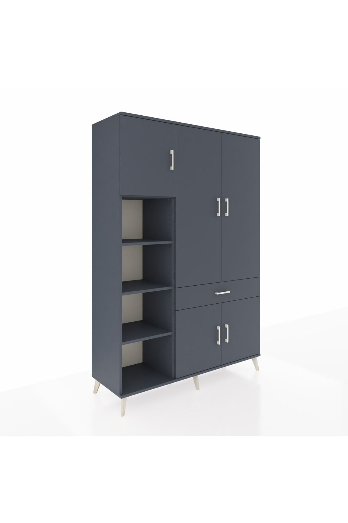 Hyperion Dolap 8 Raflı Tek Çekmeceli 5 Kapaklı 132x44x195 Antrasit-Antrasit/Antrasit