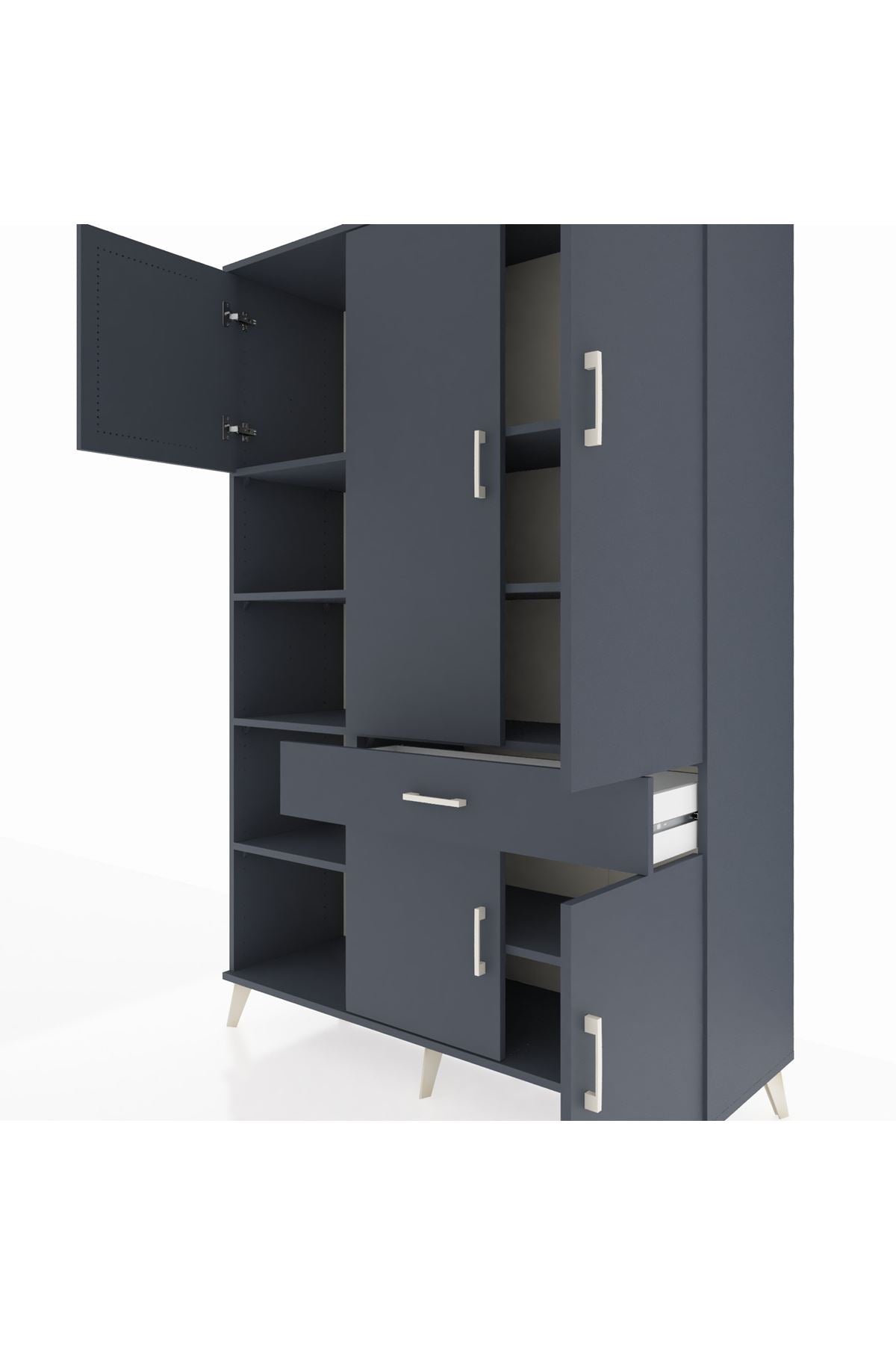 Hyperion Dolap 8 Raflı Tek Çekmeceli 5 Kapaklı 132x44x195 Antrasit-Antrasit/Antrasit