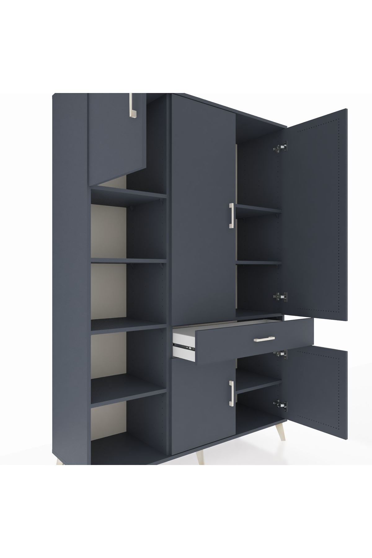 Hyperion Dolap 8 Raflı Tek Çekmeceli 5 Kapaklı 132x44x195 Antrasit-Antrasit/Antrasit