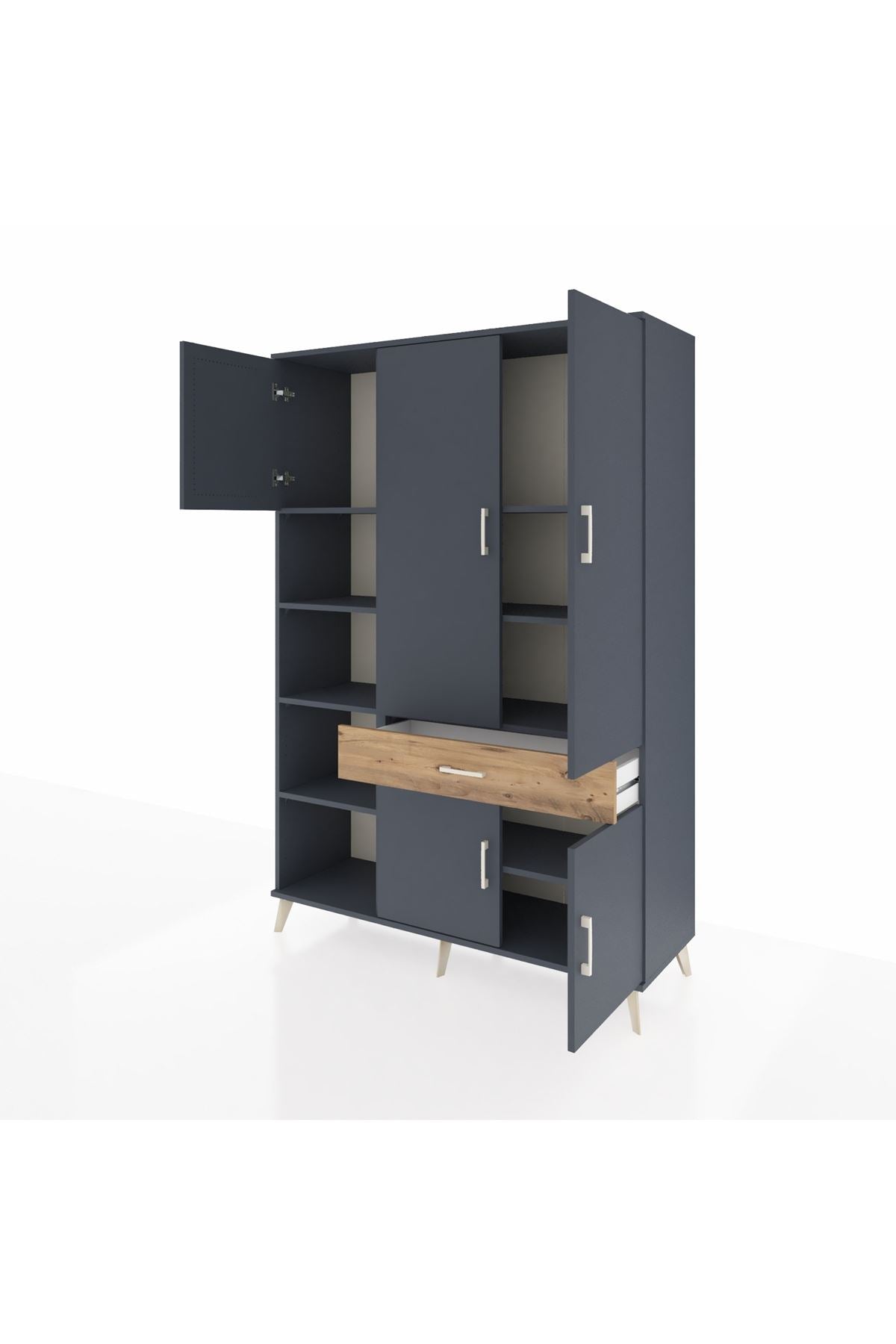 Hyperion Dolap 8 Raflı Tek Çekmeceli 5 Kapaklı 132x44x195 Antrasit-Antrasit/Çam