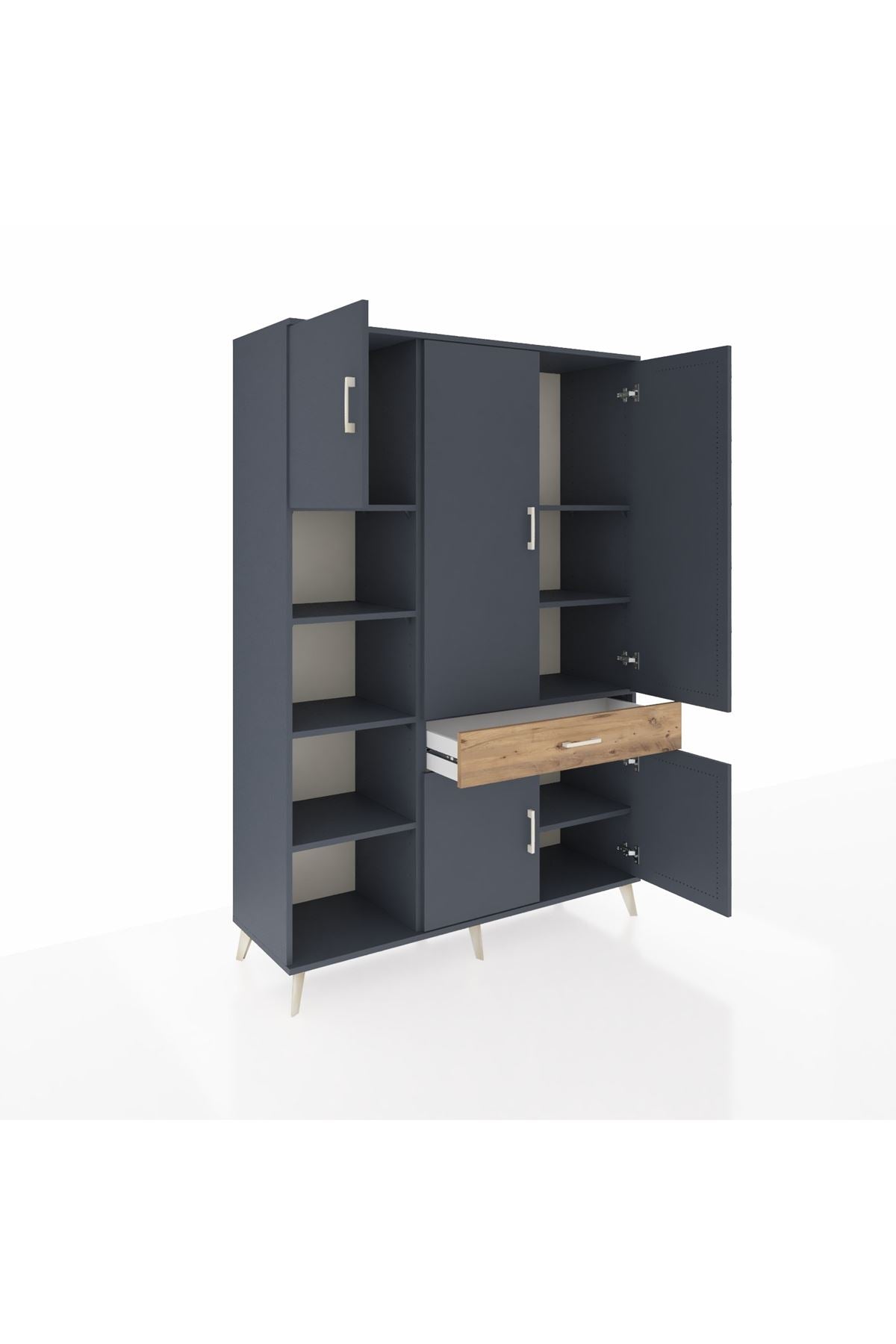 Hyperion Dolap 8 Raflı Tek Çekmeceli 5 Kapaklı 132x44x195 Antrasit-Antrasit/Çam